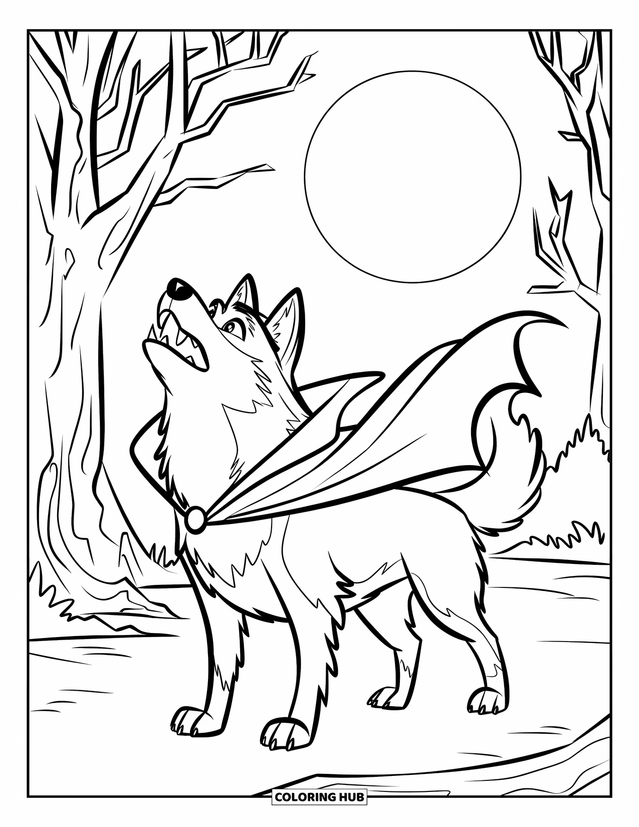 Halloween Dog Coloring Page for Kids: Vampire husky howling under the moon in a dark forest