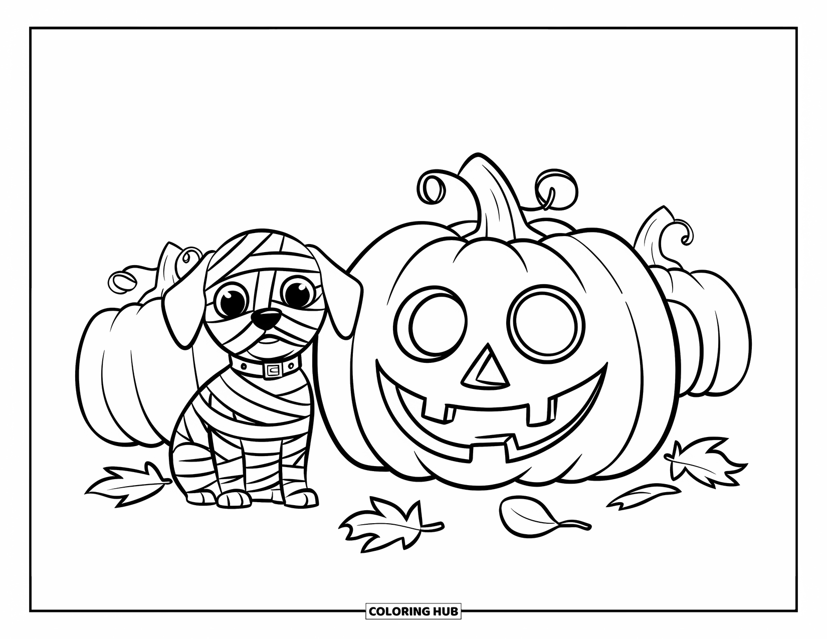 Halloween Dog Coloring Page for Kids: Wide-eyed mummy dog beside a pumpkin with carved face and scattered leaves