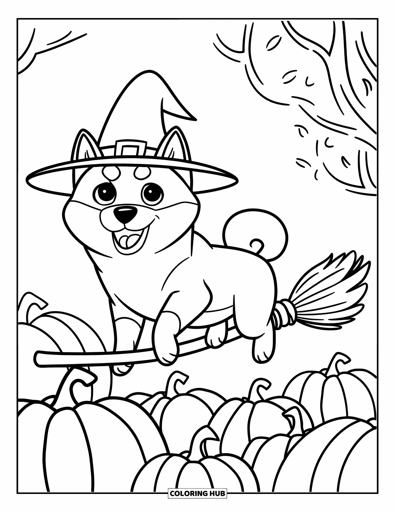 Halloween Dog Coloring Page for Kids: Witchy Shiba Inu flying over pumpkin fields with trees in the back
