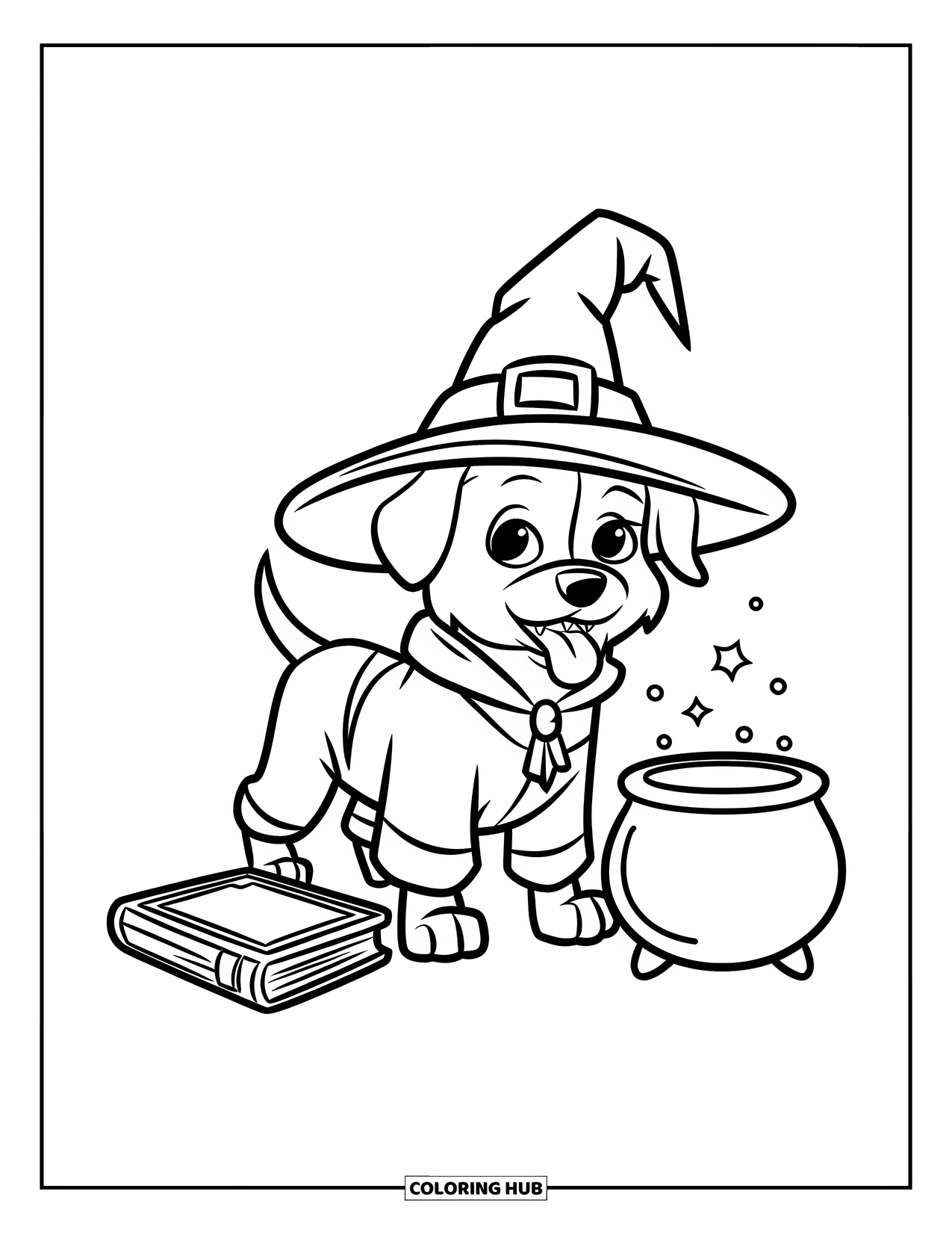 Halloween Dog Coloring Page for Kids: Wizard dog beside a magic book and cauldron ready for Halloween spells