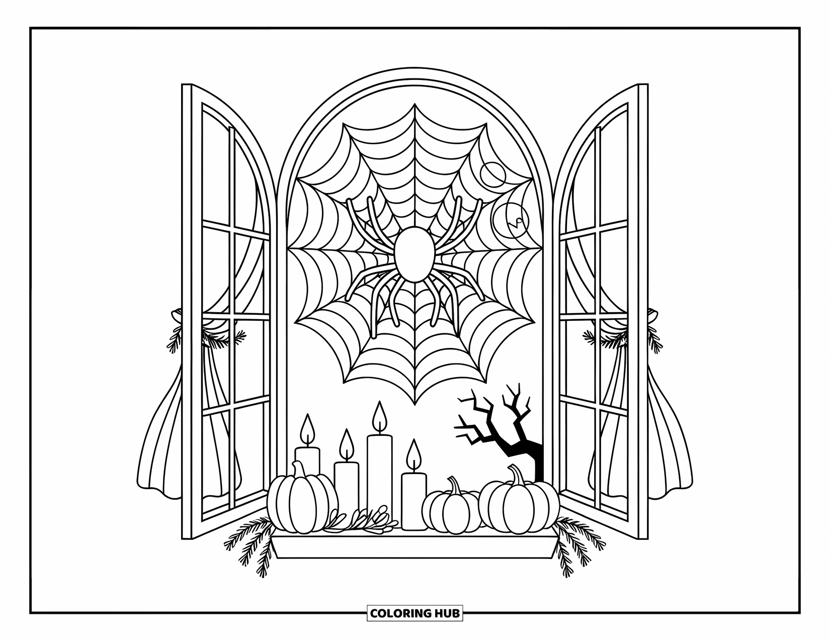 Halloween Spider Coloring Page for Adults: A cute spider spins a web in a window filled with pumpkins, herbs, and candlelight