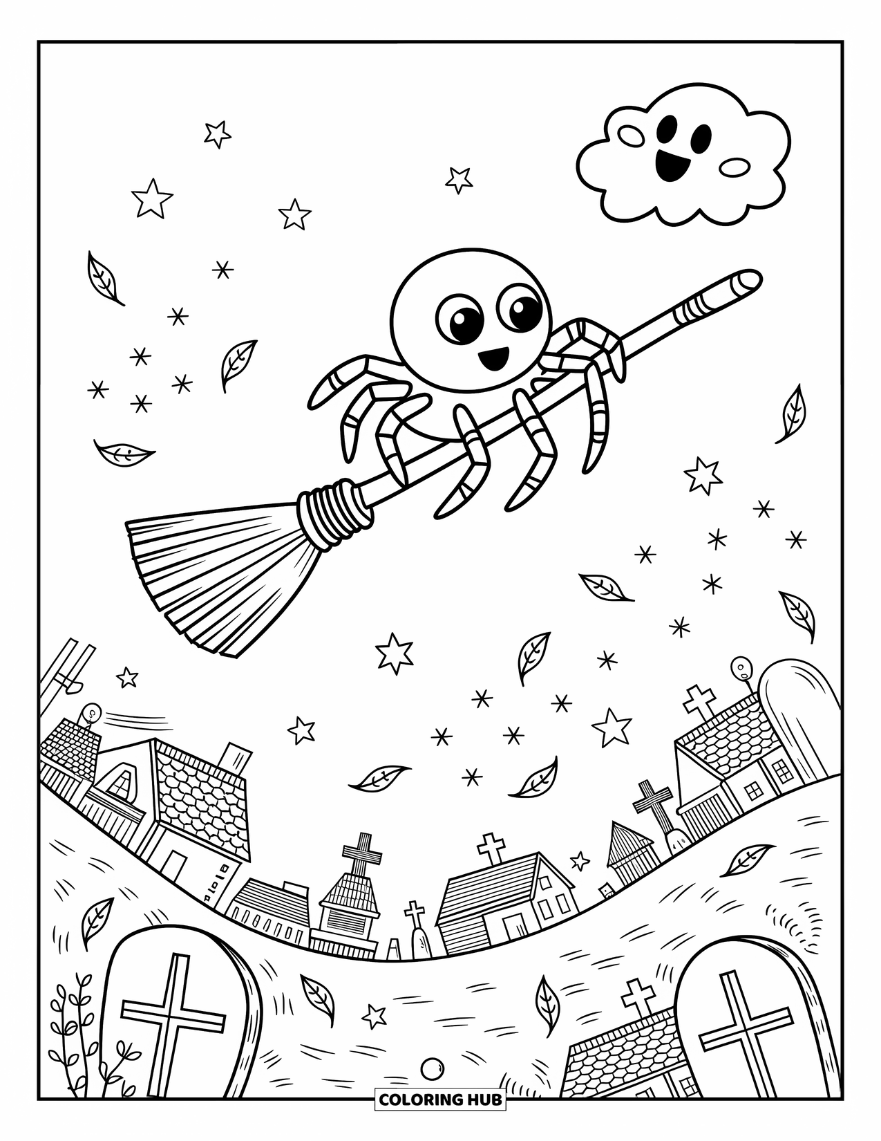 Halloween Spider Coloring Page for Adults: A spider clings to a broomstick soaring over rooftops, gravestones, and swirling autumn leaves