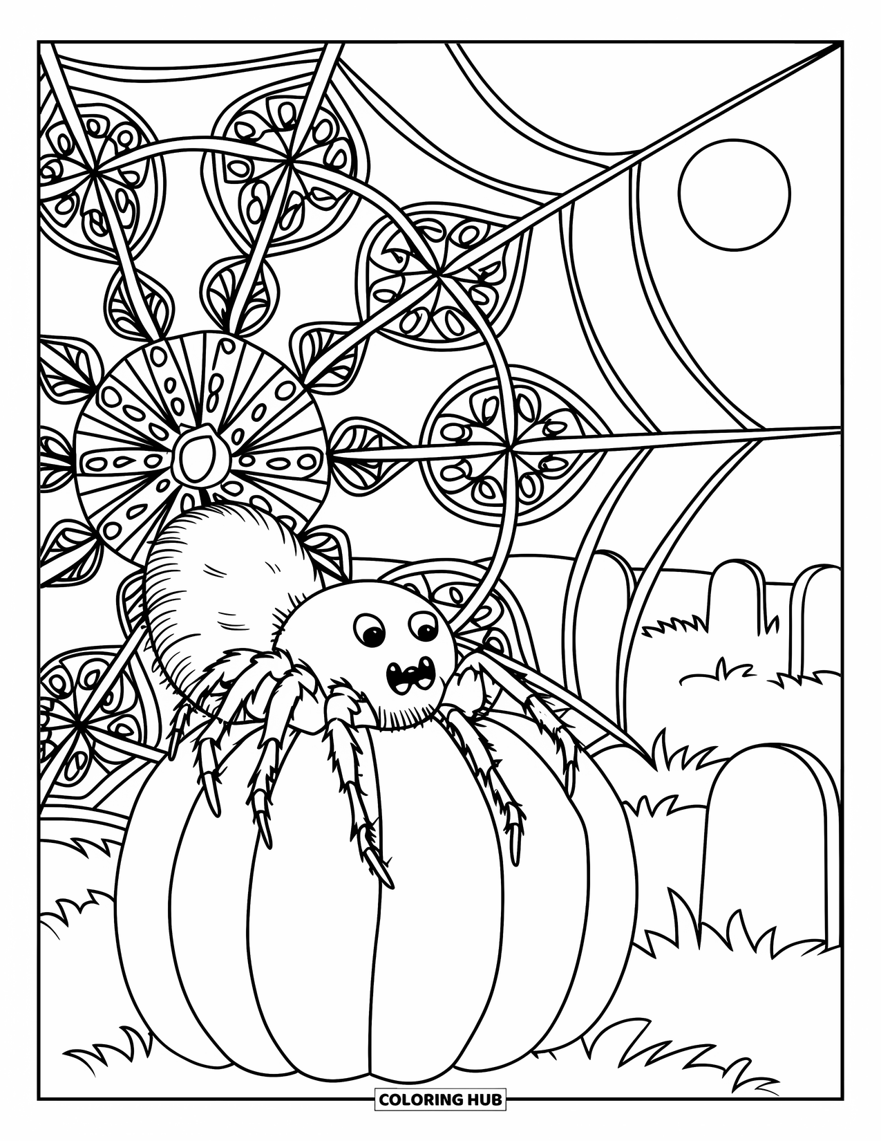 Halloween Spider Coloring Page for Adults: A spider crawls on a mandala web placed on a pumpkin with a graveyard background