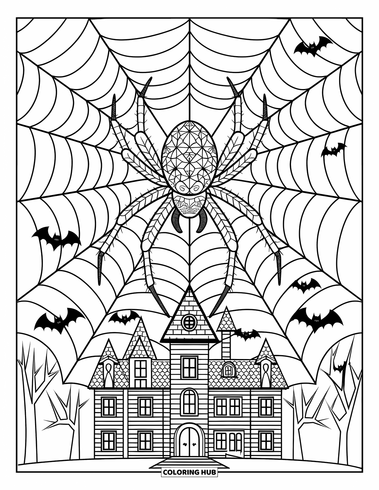 Halloween Spider Coloring Page for Adults: A spider crawls on a web mandala in front of a mansion with bats flying above