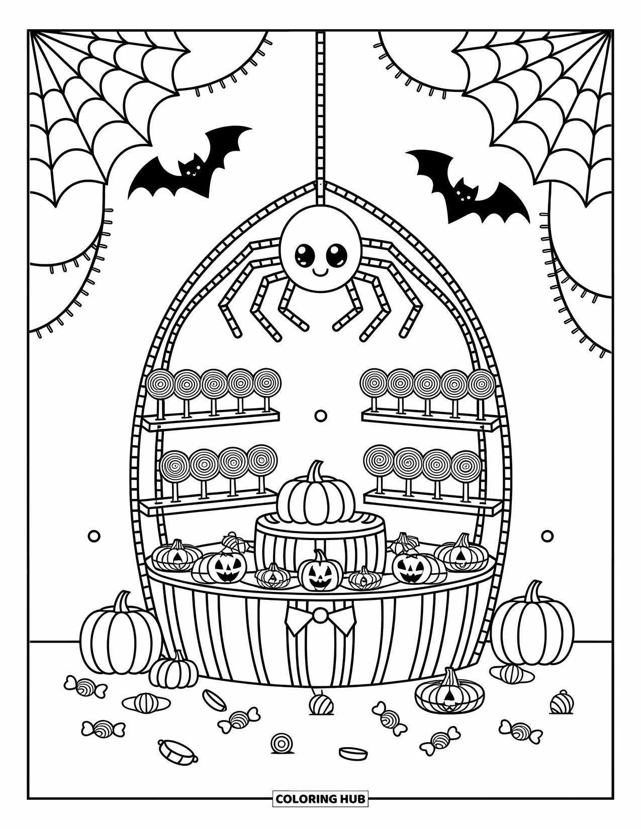 Halloween Spider Coloring Page for Adults: A spider hangs above a candy stand made from webs filled with sweets and pumpkins