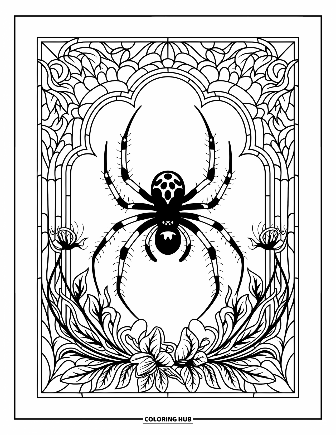 Halloween Spider Coloring Page for Adults: A spider is centered in stained glass with detailed vines, leaves, and twisted gothic florals