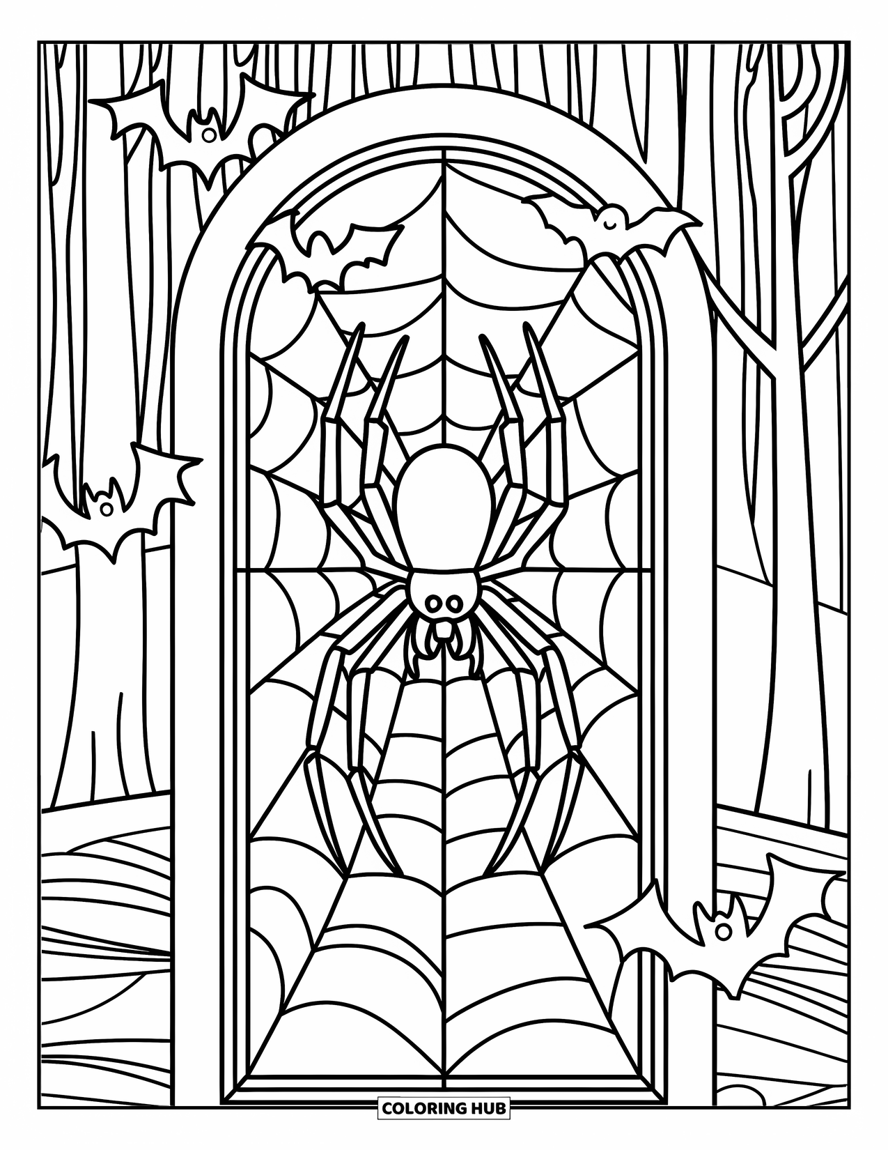 Halloween Spider Coloring Page for Adults: A spider is framed in stained glass with swirling webs and bats flying through tall trees