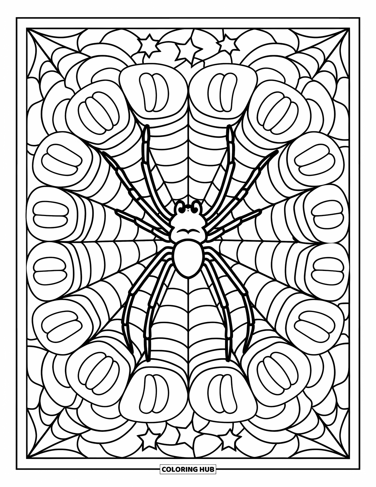 Halloween Spider Coloring Page for Adults: A spider is framed inside stained glass with pumpkins and stars in a clean, bold design