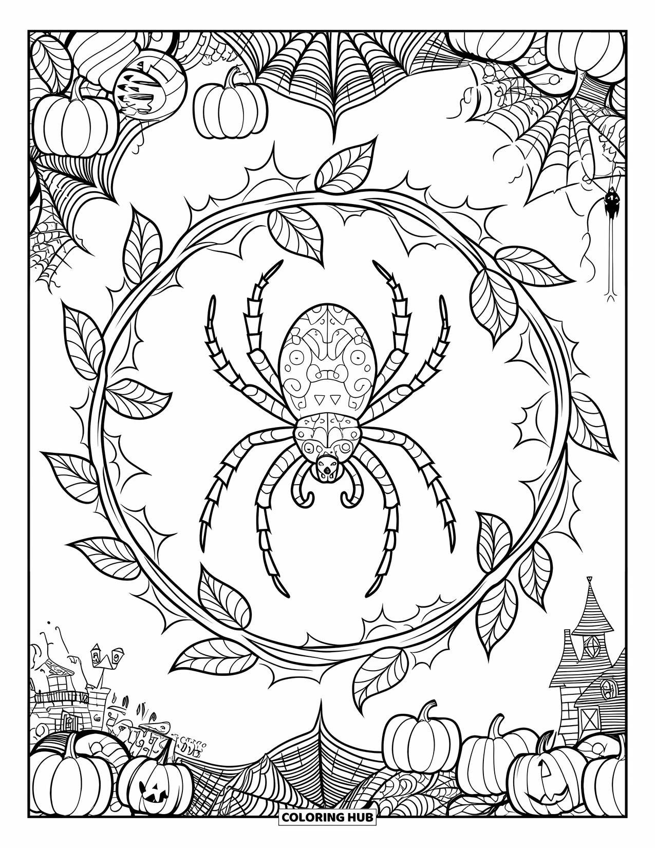 Halloween Spider Coloring Page for Adults: A spider is surrounded by a mandala of ivy and thorns with haunted house scenes