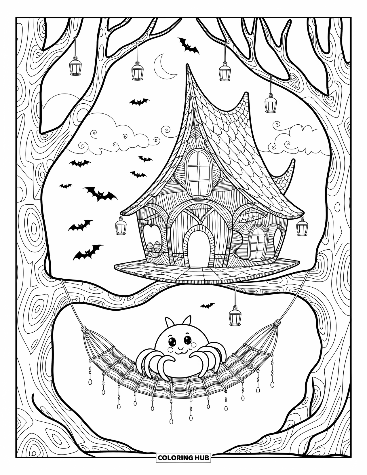 Halloween Spider Coloring Page for Adults: A spider naps on a webbed treehouse strung between trees with lanterns and bats nearby