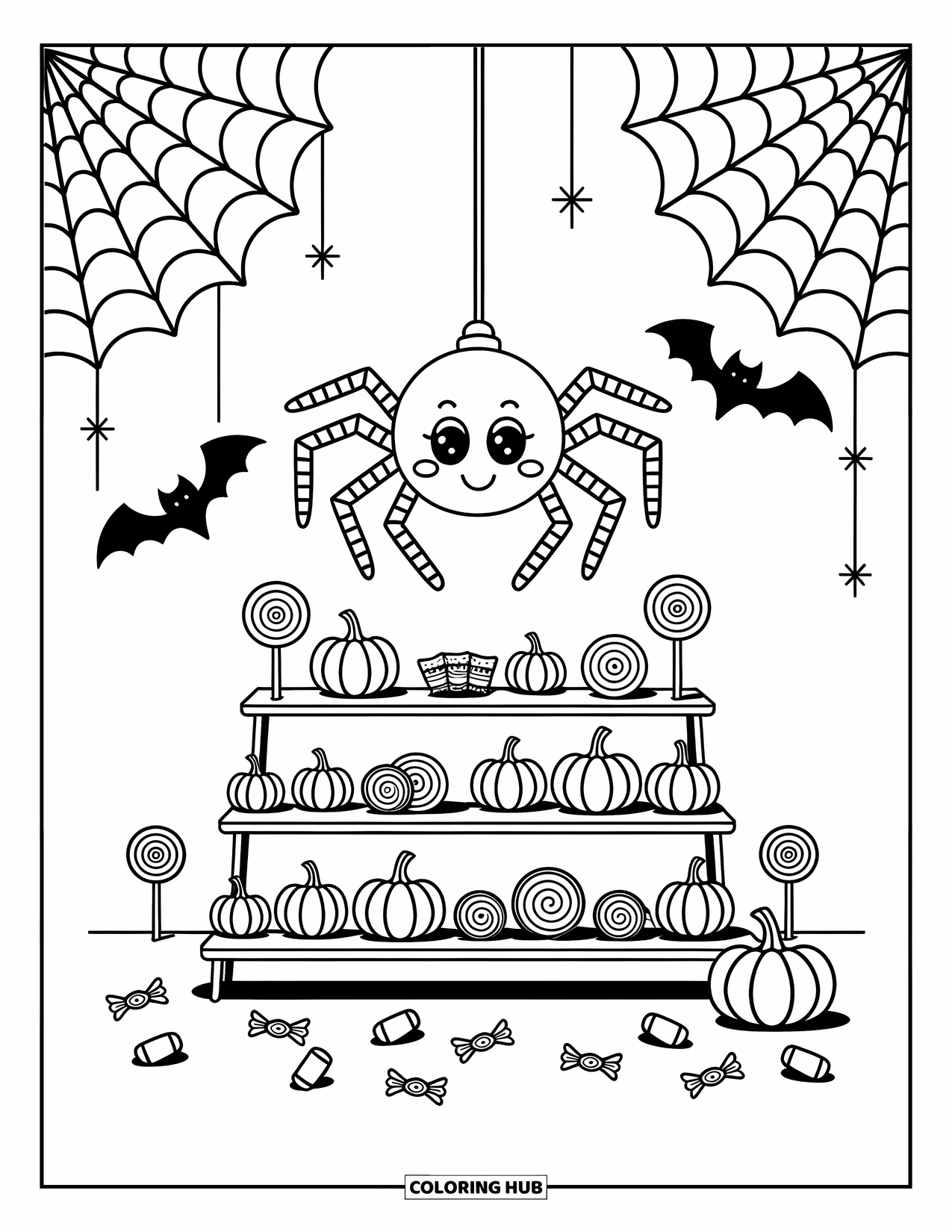 Halloween Spider Coloring Page for Adults: A spider oversees a web-shaped candy stand with confetti, lollipops, and dangling cobweb streamers