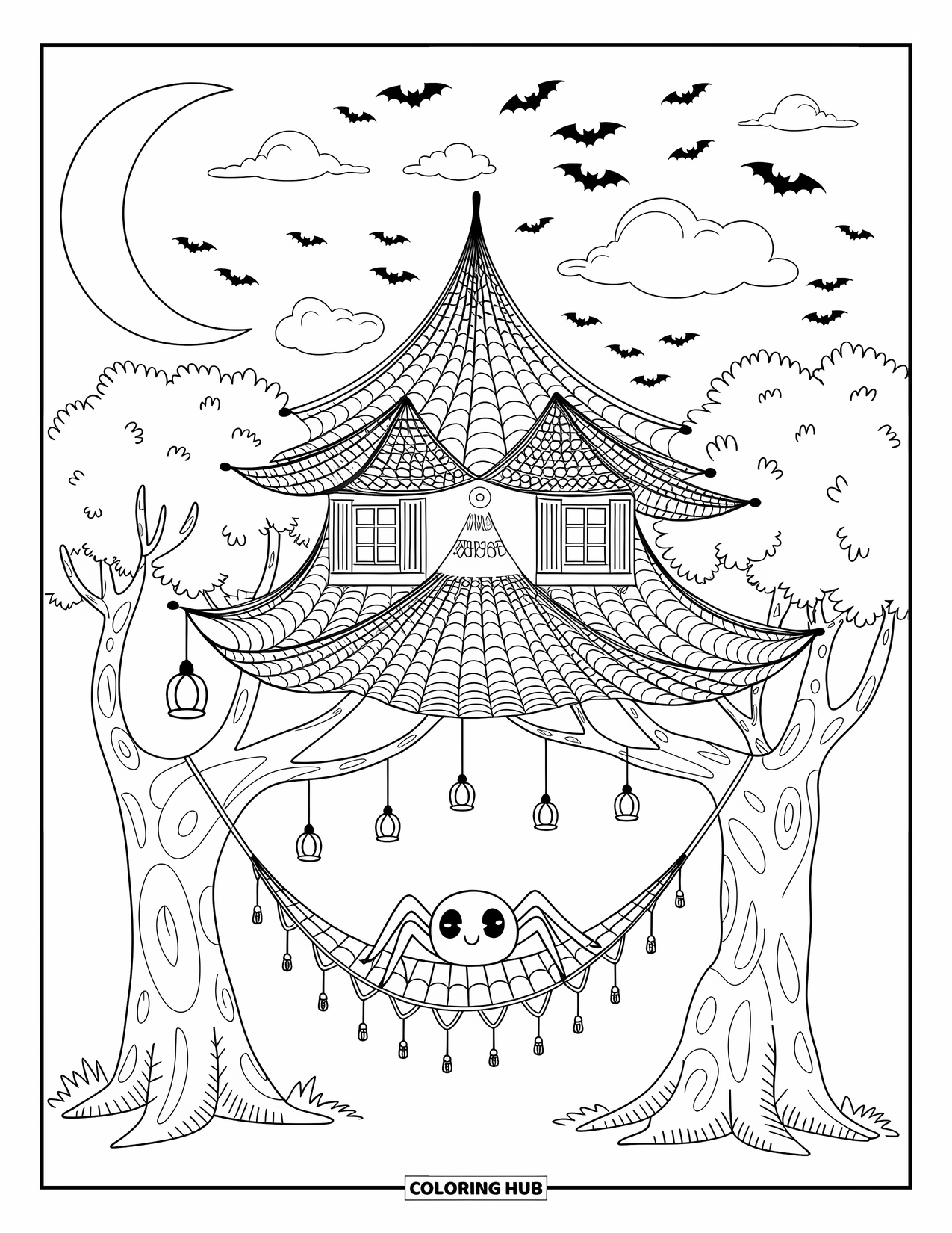 Halloween Spider Coloring Page for Adults: A spider relaxes in a cozy web hammock between trees lit by lanterns and moonlight