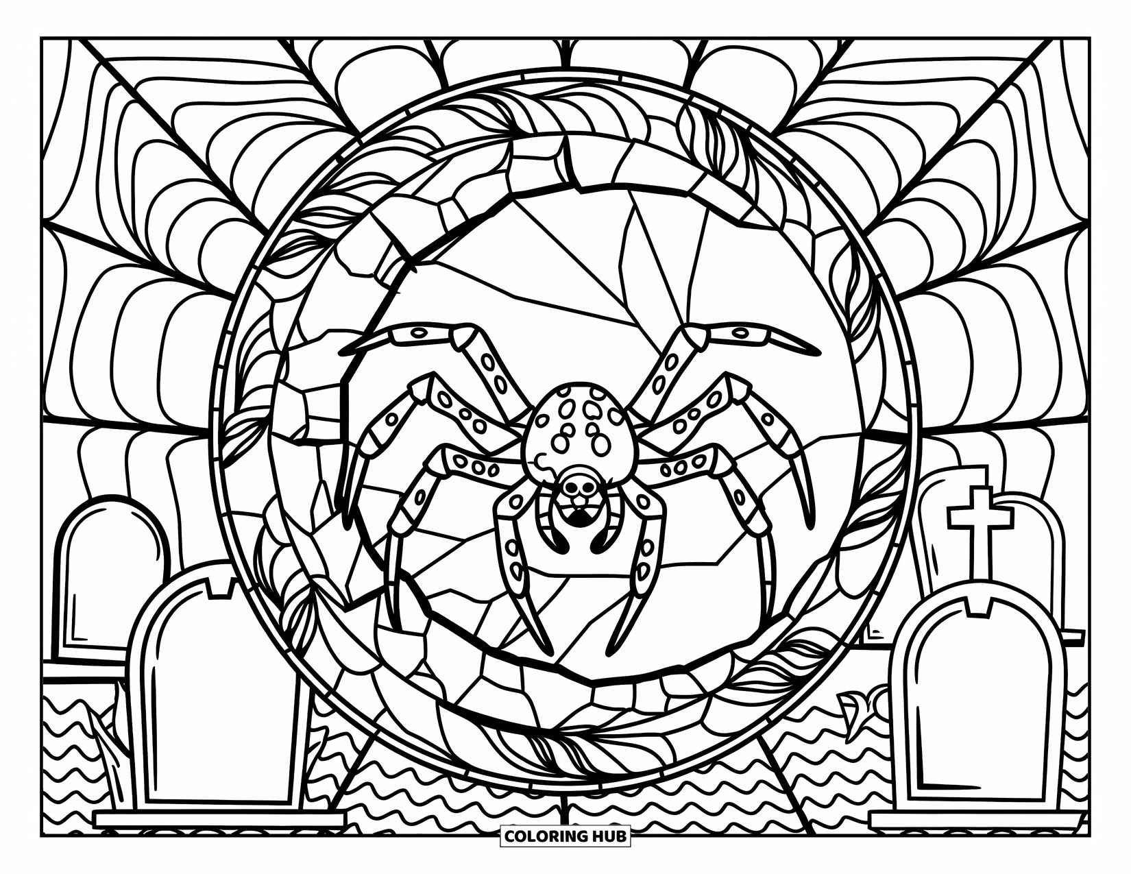 Halloween Spider Coloring Page for Adults: A spider rests in a cracked stained glass moon above a graveyard filled with tombstones