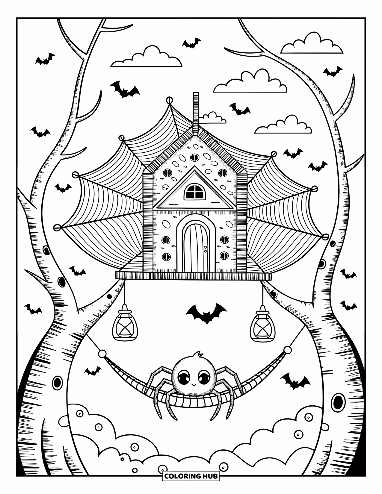 Halloween Spider Coloring Page for Adults: A spider rests in a webbed treehouse as lanterns glow and bats flutter through moonlight