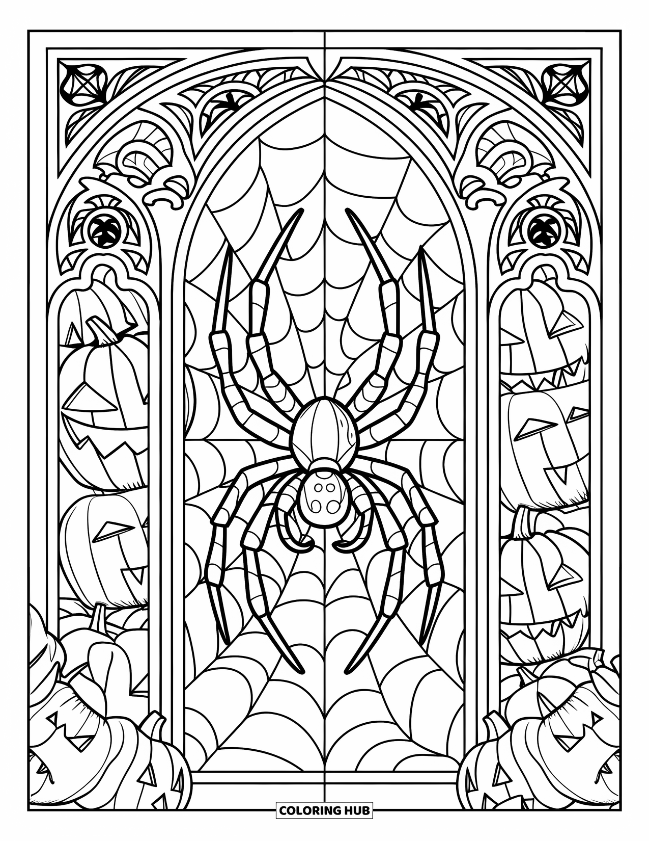 Halloween Spider Coloring Page for Adults: A spider rests in stained glass surrounded by gothic arches, jack-o'-lanterns, and twisted borders