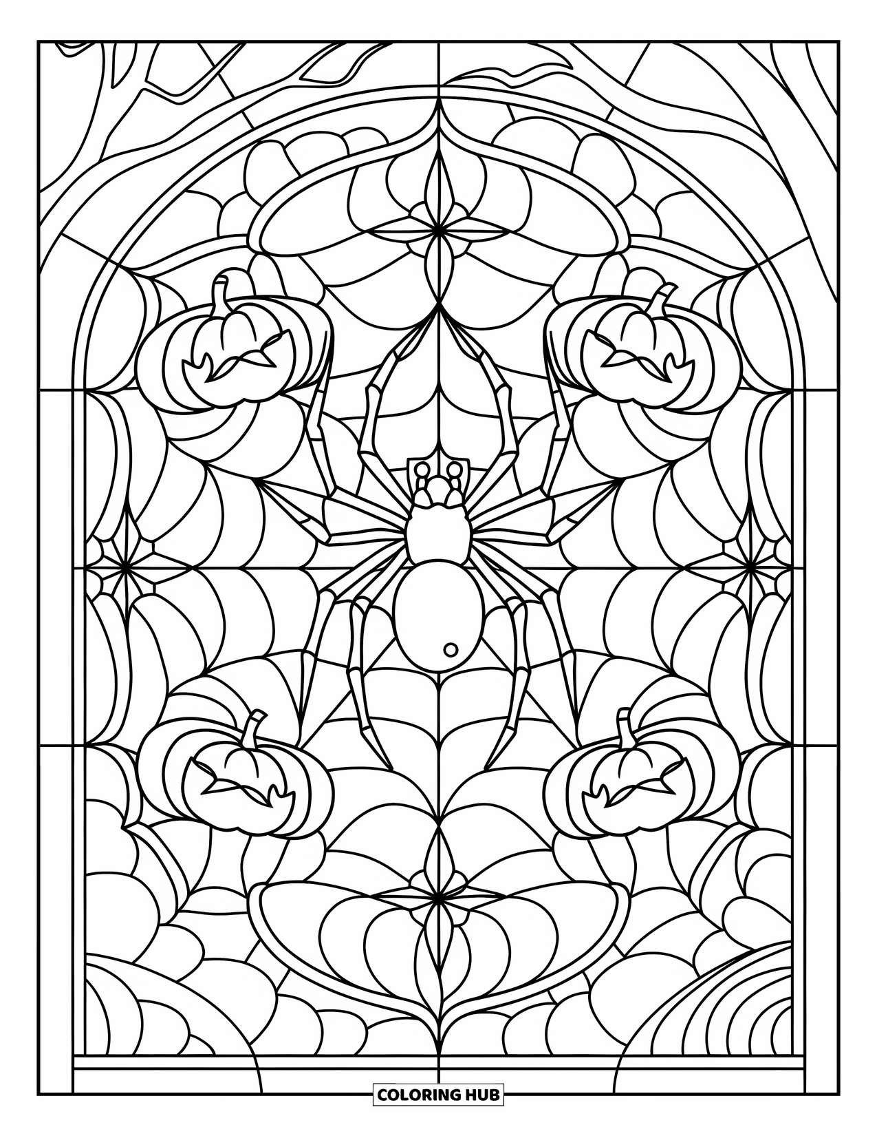Halloween Spider Coloring Page for Adults: A spider sits in a stained glass design placed on a window surrounded by quiet trees