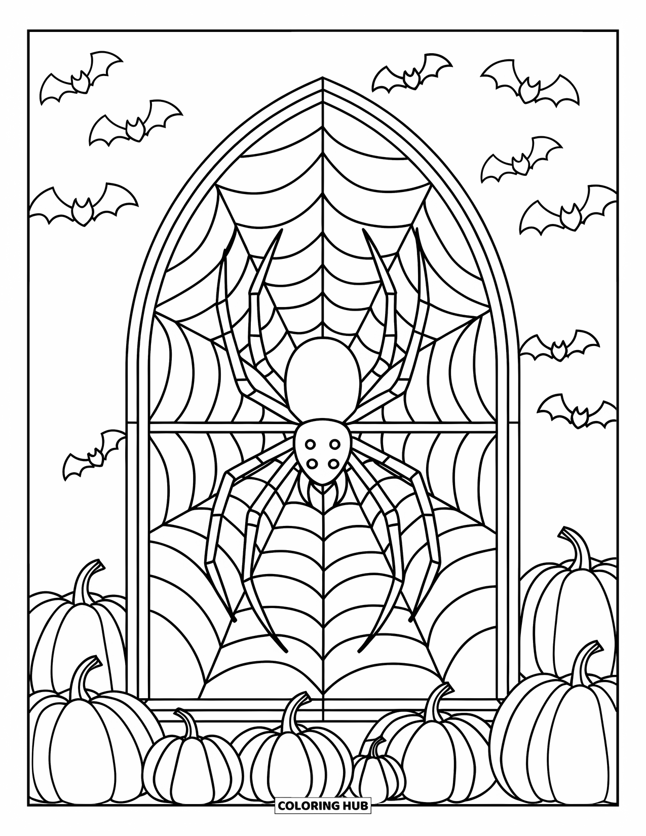 Halloween Spider Coloring Page for Adults: A spider sits in a stained glass window with bats, pumpkins, and Halloween designs