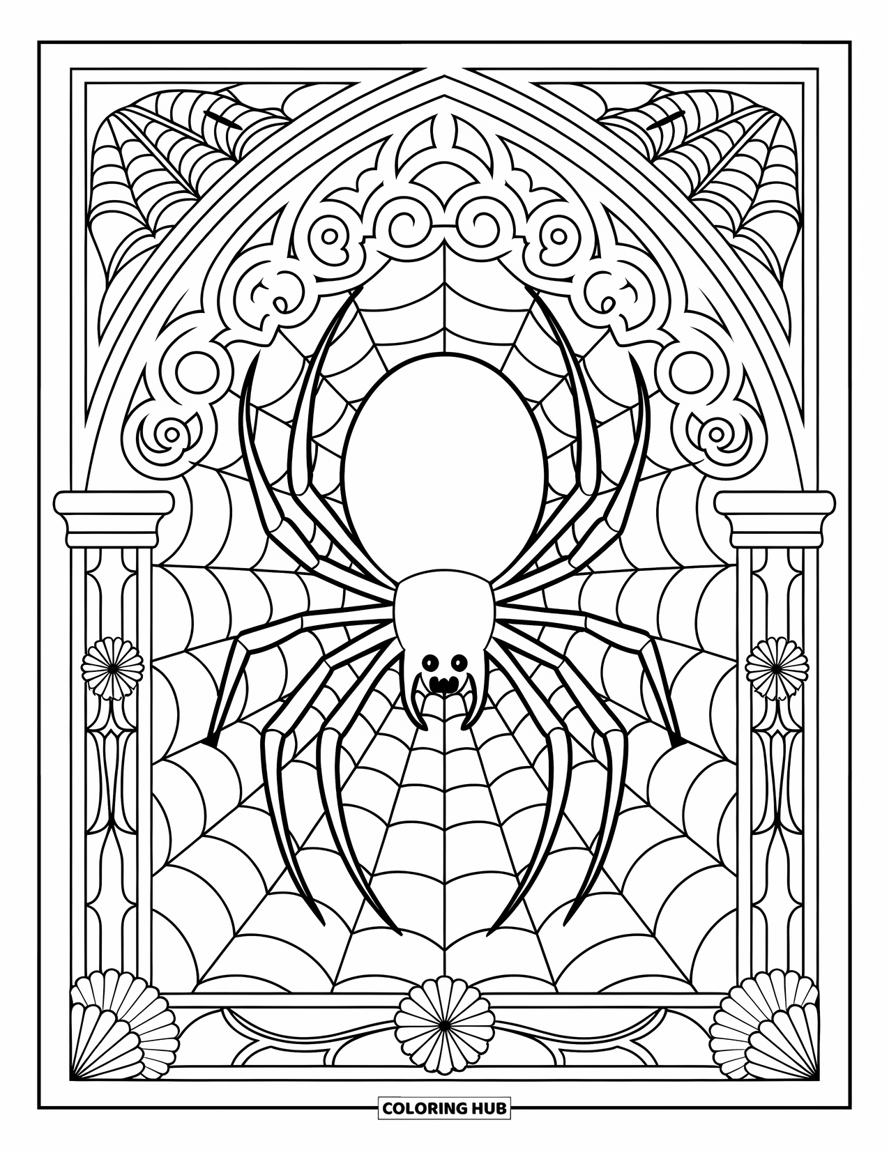 Halloween Spider Coloring Page for Adults: A spider sits on a web framed by gothic florals and stained glass window borders