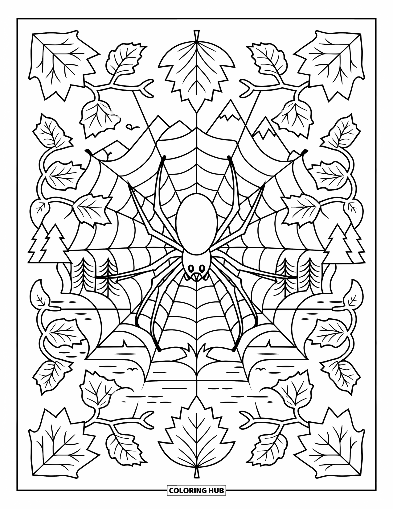 Halloween Spider Coloring Page for Adults: A spider spins a web framed by leaves and vines near trees, water, and mountains