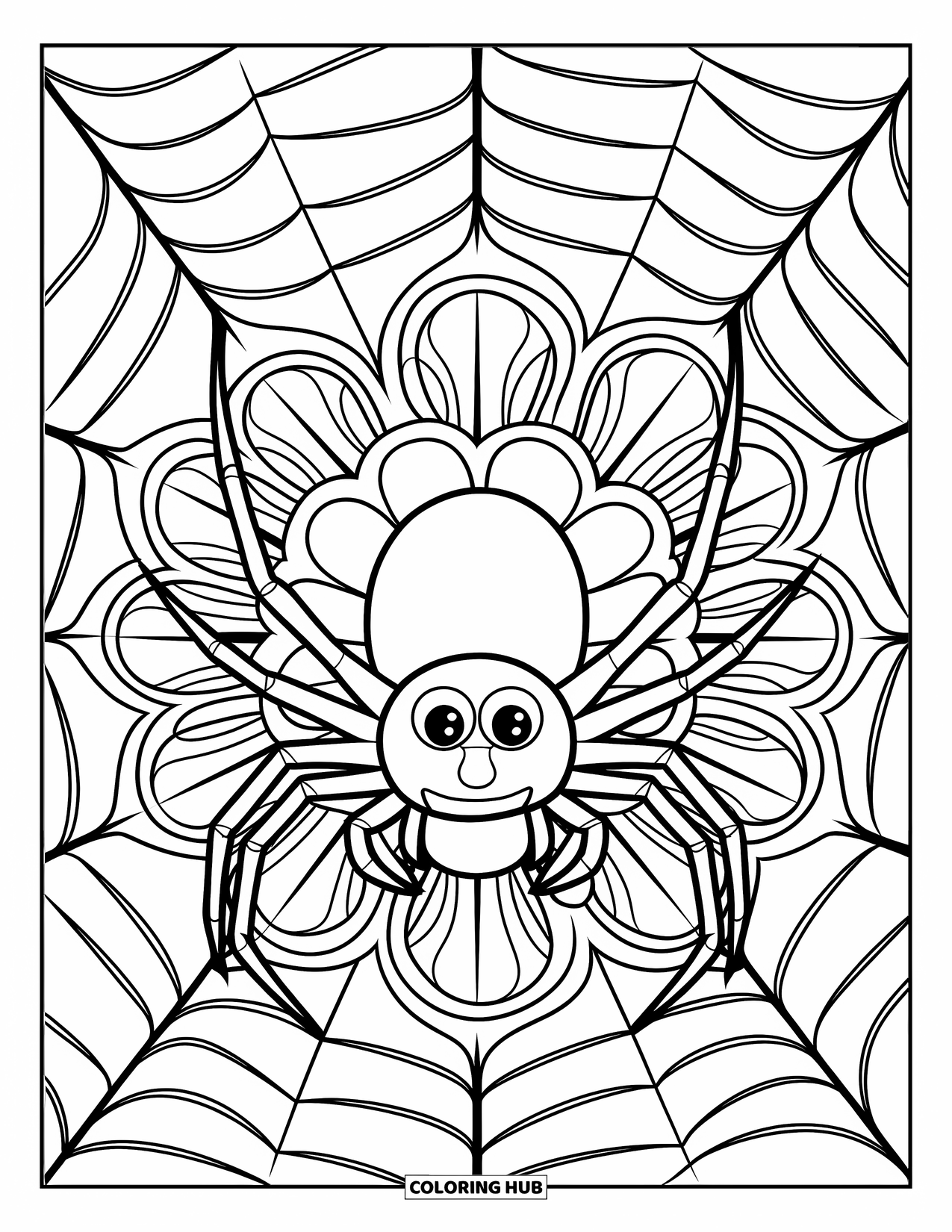 Halloween Spider Coloring Page for Adults: A spider with round eyes crawls on a circular web with petal-like mandala designs