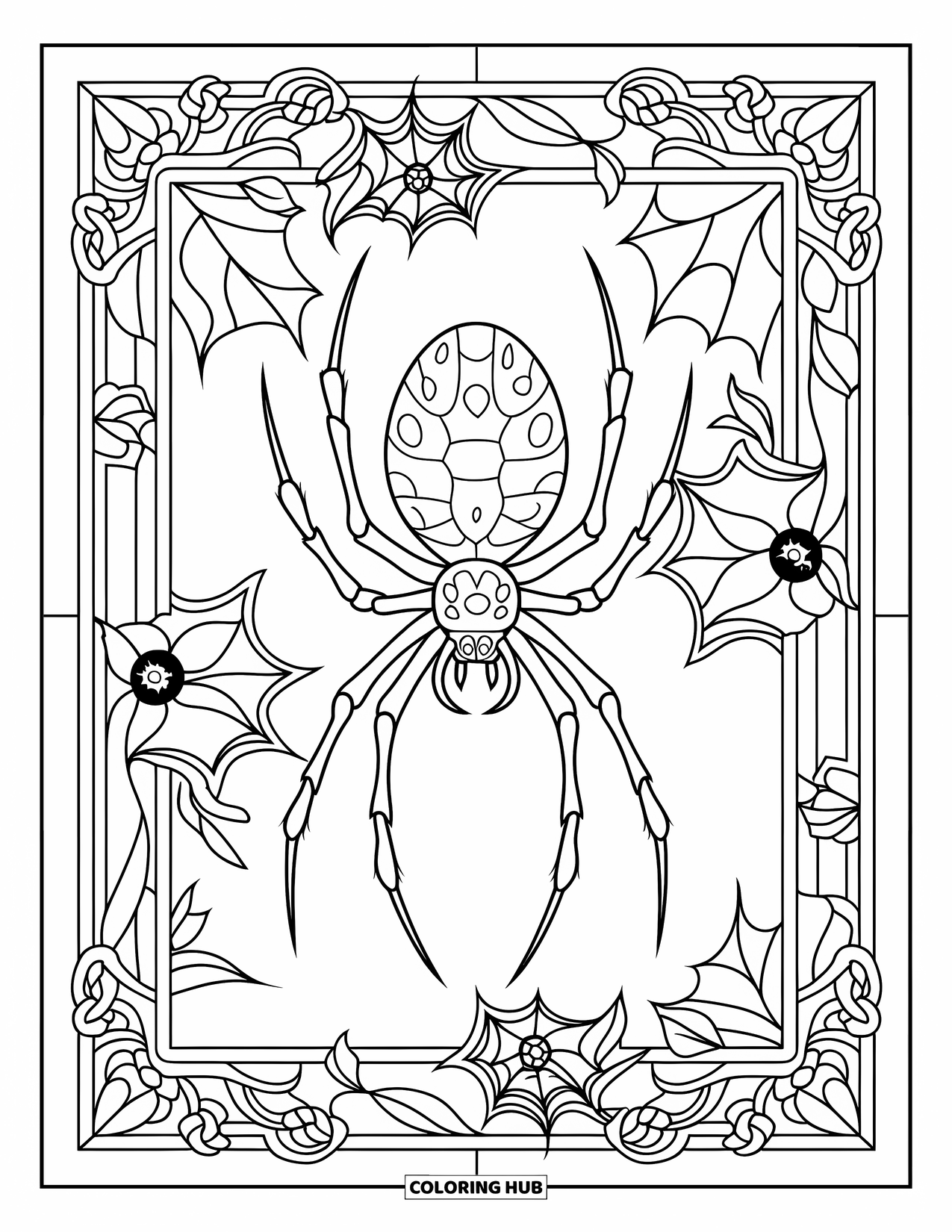 Halloween Spider Coloring Page for Adults: A spider with thin legs sits in stained glass framed by gothic leaves and twisted florals