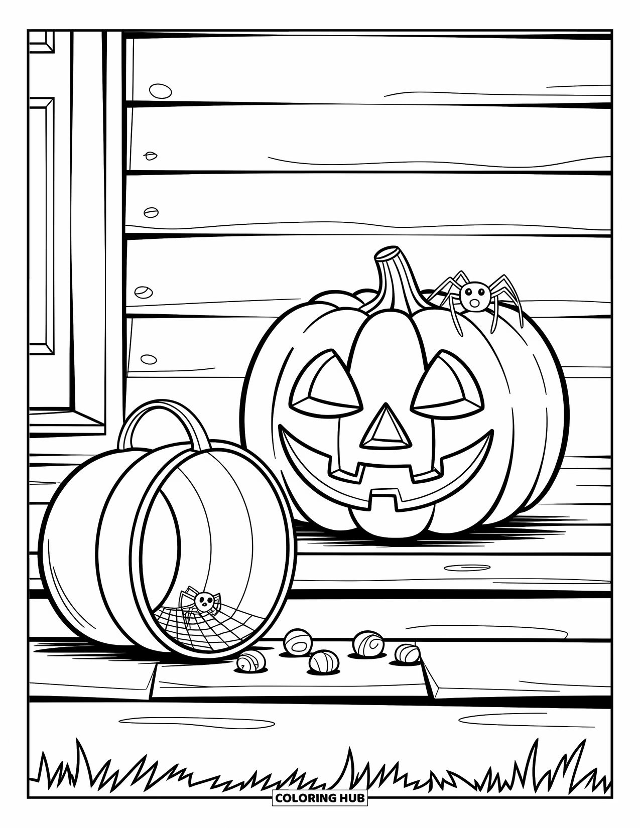 Halloween Spider Coloring Page for Adults: A tiny spider peeks from a pumpkin as spilled treats scatter across the wooden porch