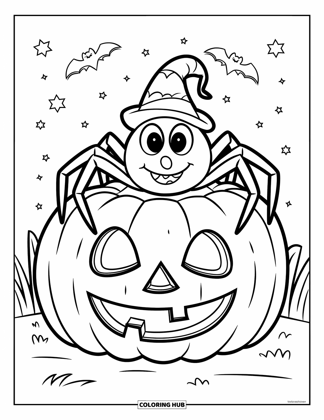 Halloween Spider Coloring Page for Kids: A cheerful spider in a hat rests on a jack-o'-lantern under the stars