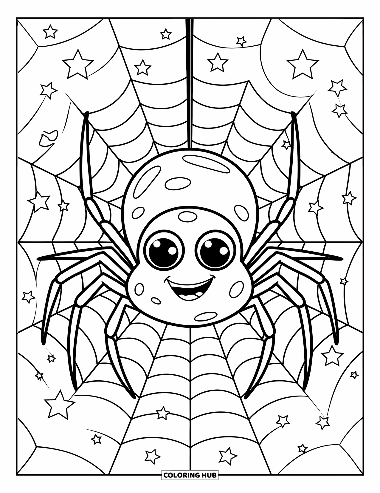 Halloween Spider Coloring Page for Kids: A cute spider hangs from a web string surrounded by shining stars