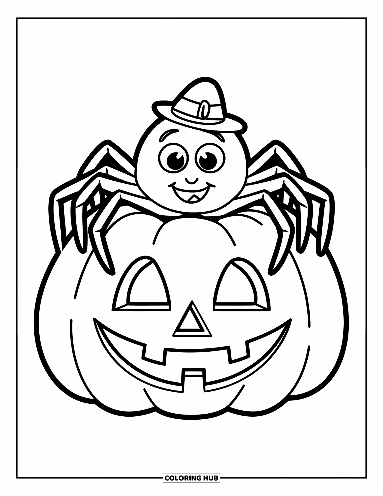 Halloween Spider Coloring Page for Kids: A happy spider in a hat sits on a large pumpkin