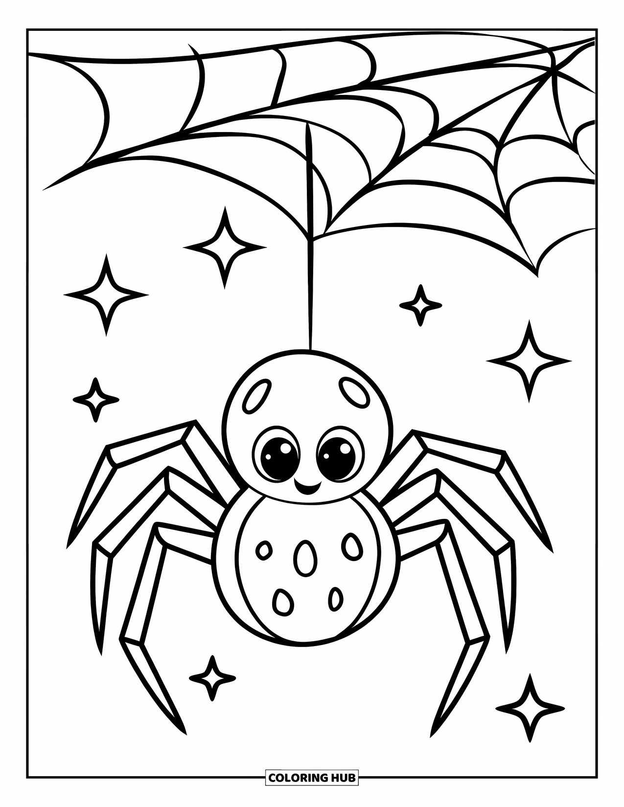 Halloween Spider Coloring Page for Kids: A round spider hangs by a thread with tiny stars in the sky