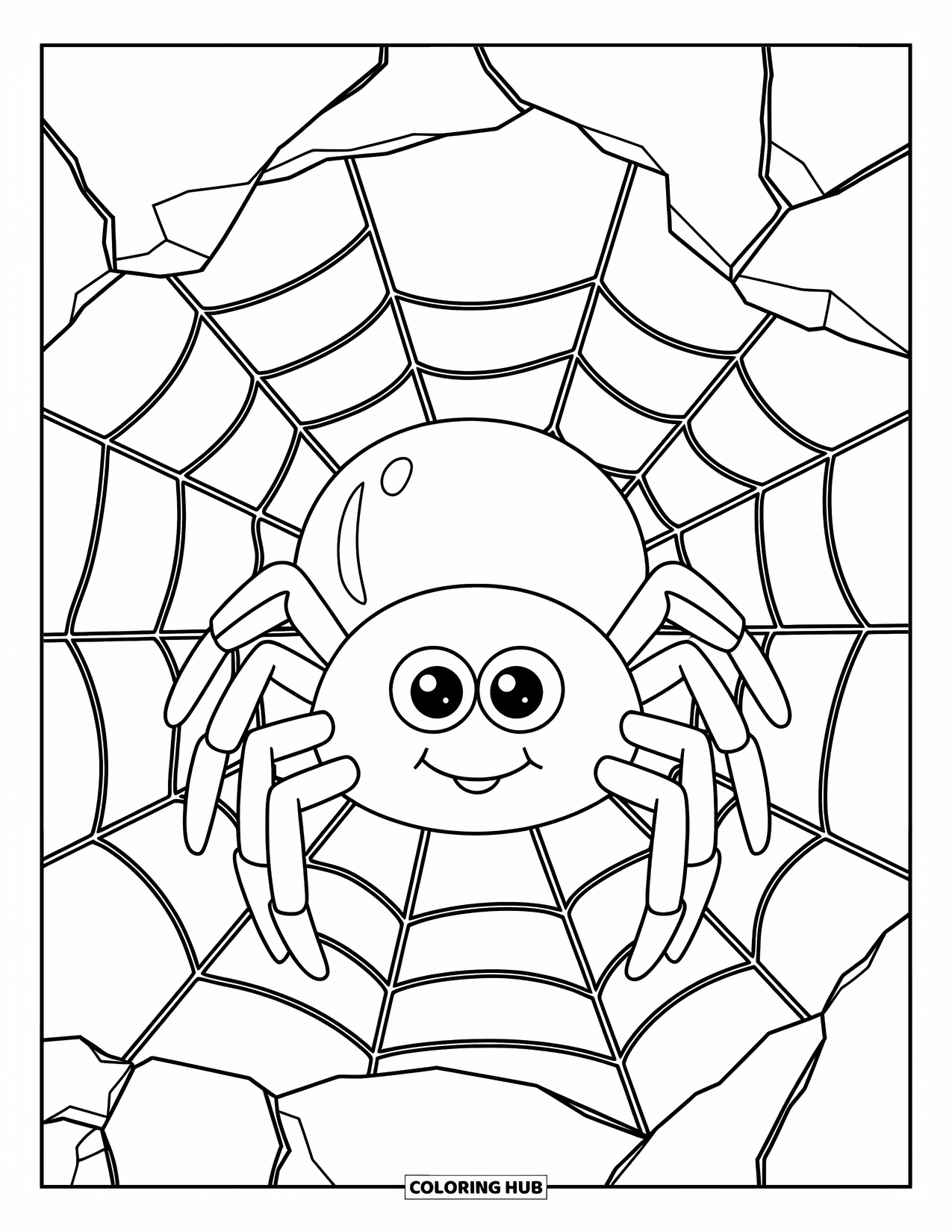 Halloween Spider Coloring Page for Kids: A round spider with big eyes rests in a web over rocky ground