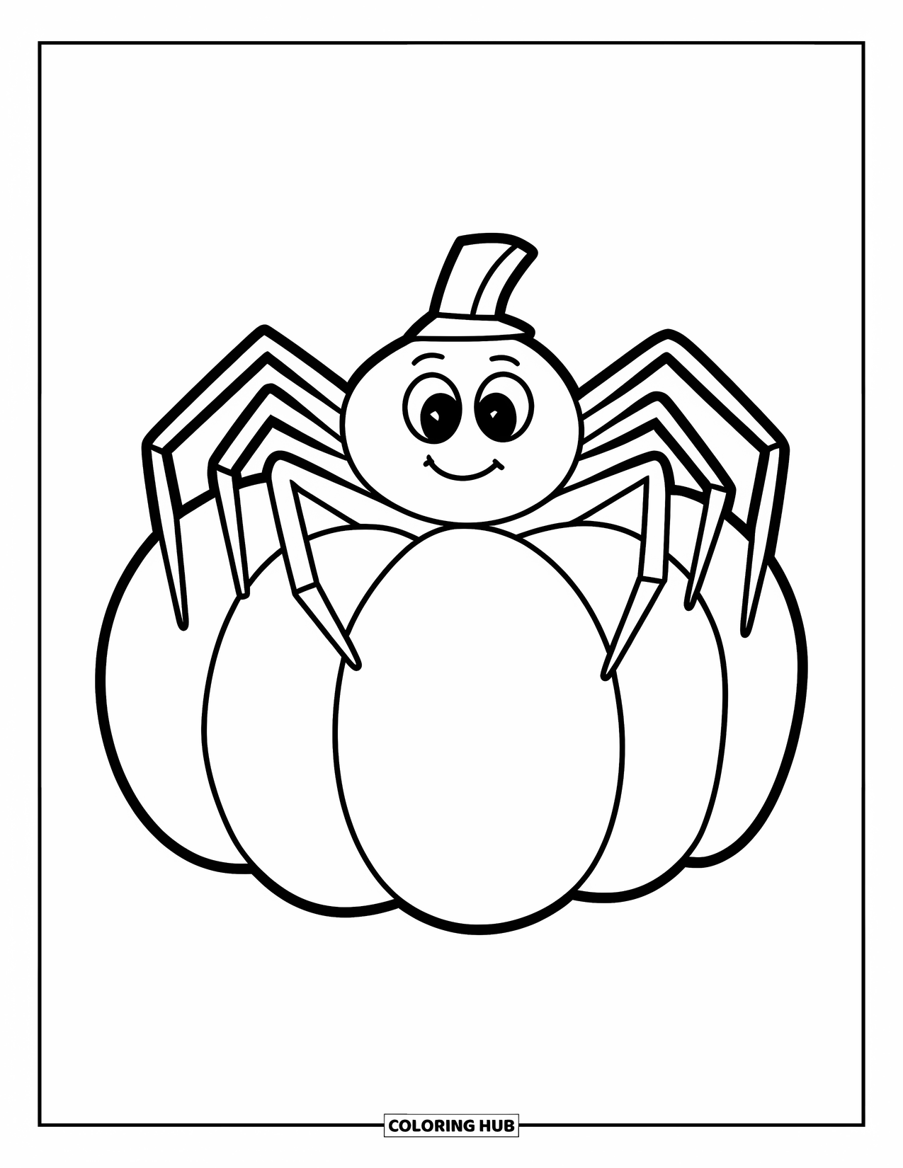 Halloween Spider Coloring Page for Kids: A smiling spider in a tiny hat sits on top of a pumpkin