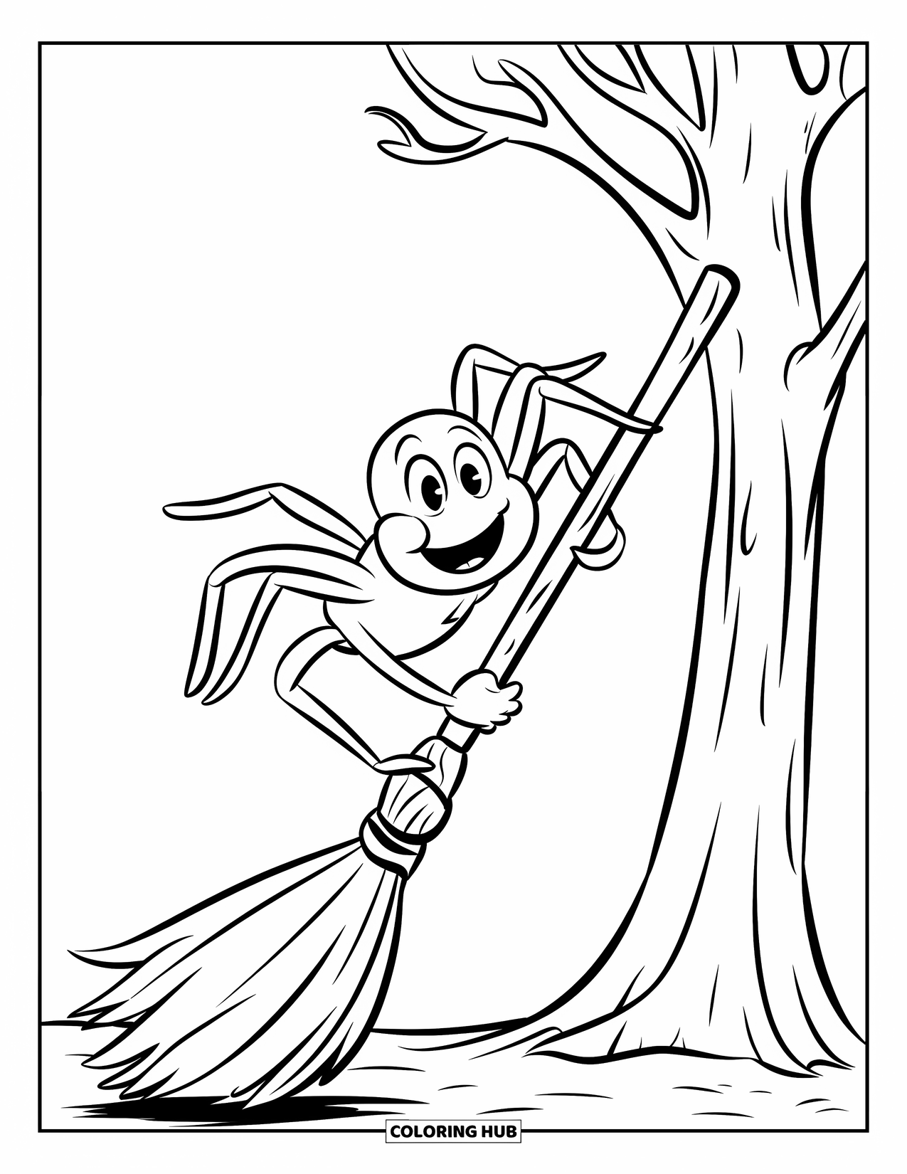 Halloween Spider Coloring Page for Kids: A spider climbs a broom resting on a bare tree