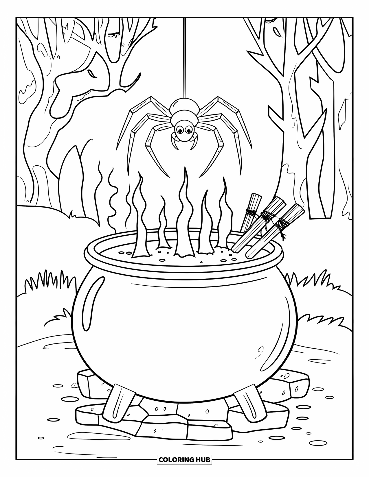 Halloween Spider Coloring Page for Kids: A spider dangles over a cauldron steaming in a spooky forest