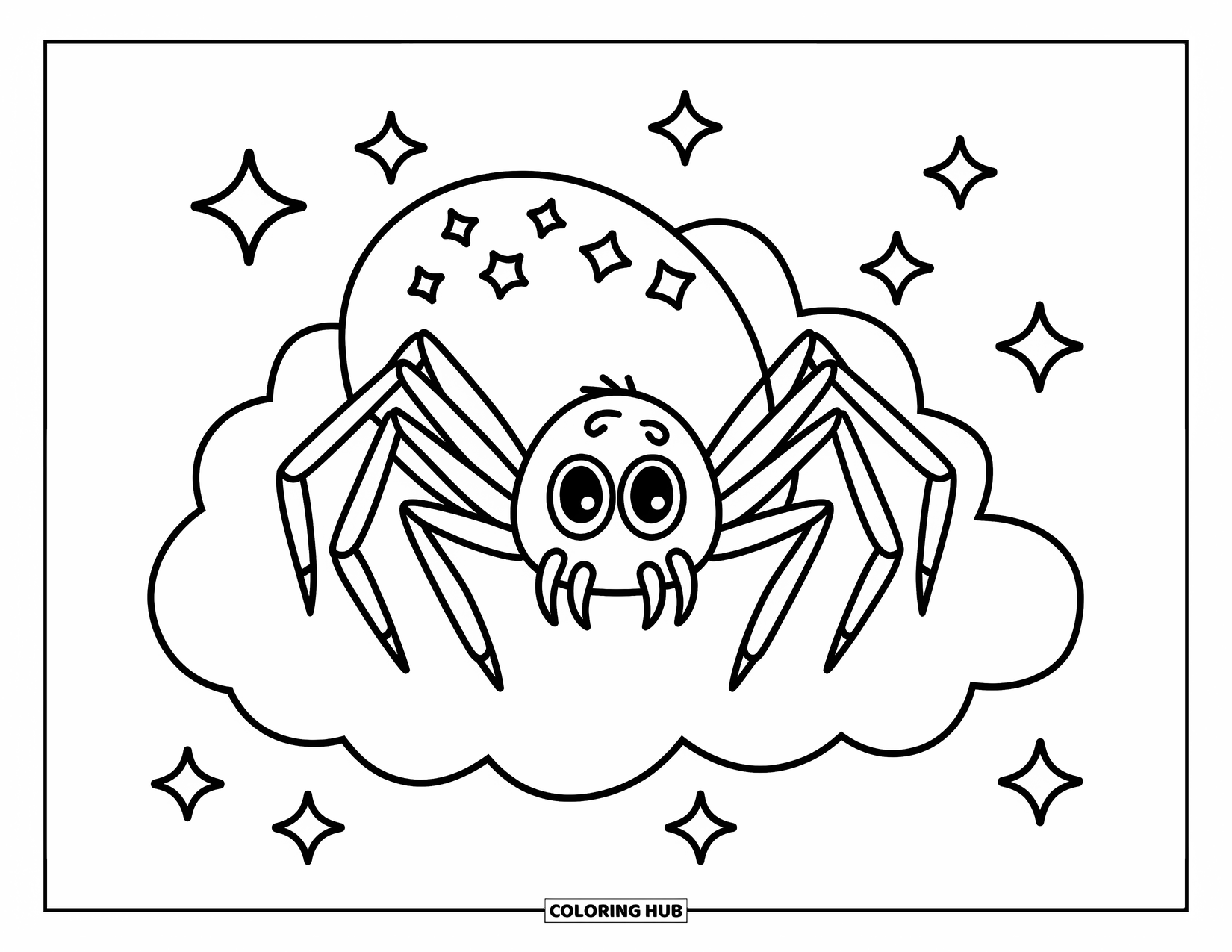 Halloween Spider Coloring Page for Kids: A spider floats on a cloud filled with sparkles and starlight
