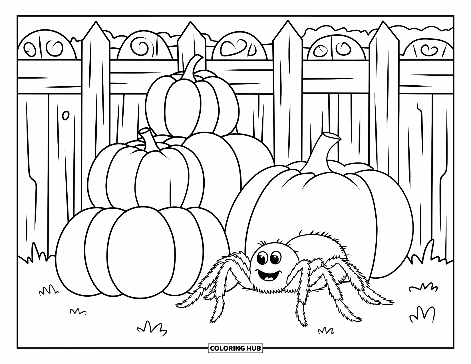 Halloween Spider Coloring Page for Kids: A spider hangs near three pumpkins by a carved wooden fence