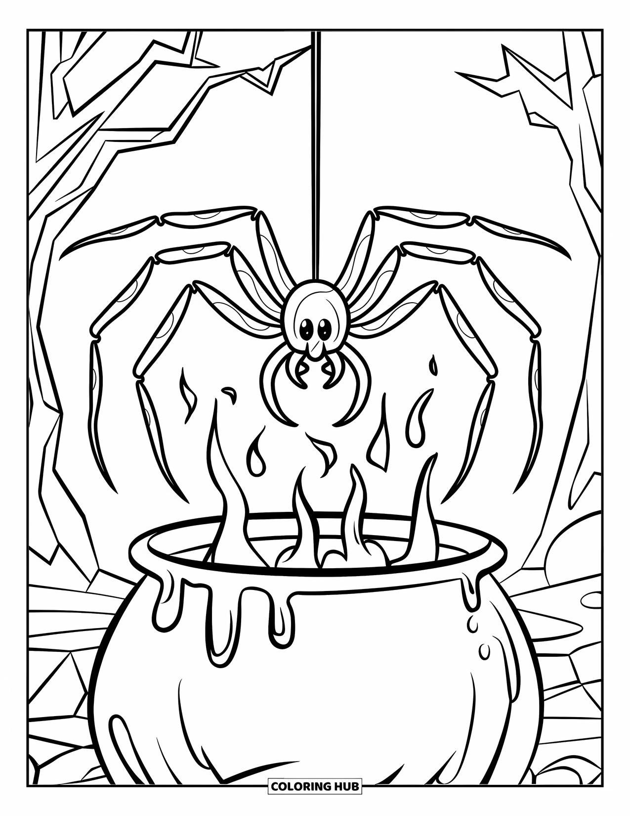 Halloween Spider Coloring Page for Kids: A spider hangs over a bubbling cauldron with trees behind