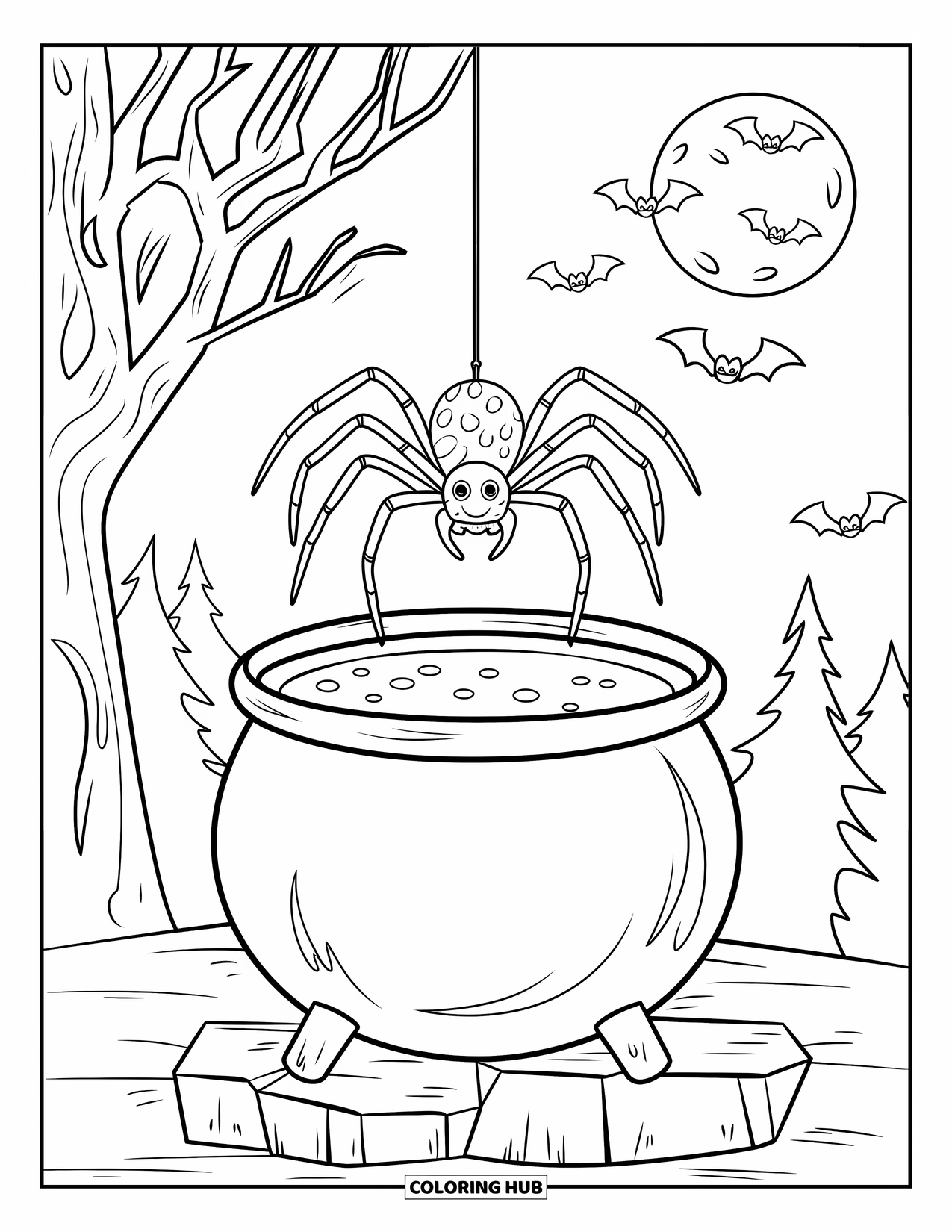 Halloween Spider Coloring Page for Kids: A spider hovers above a cauldron as bats circle a full moon