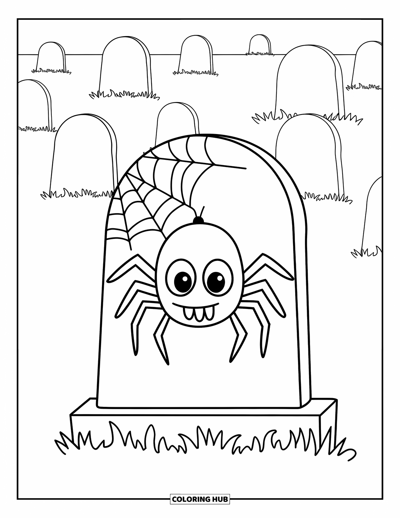 Halloween Spider Coloring Page for Kids: A spider peeks from behind a gravestone covered in cobwebs