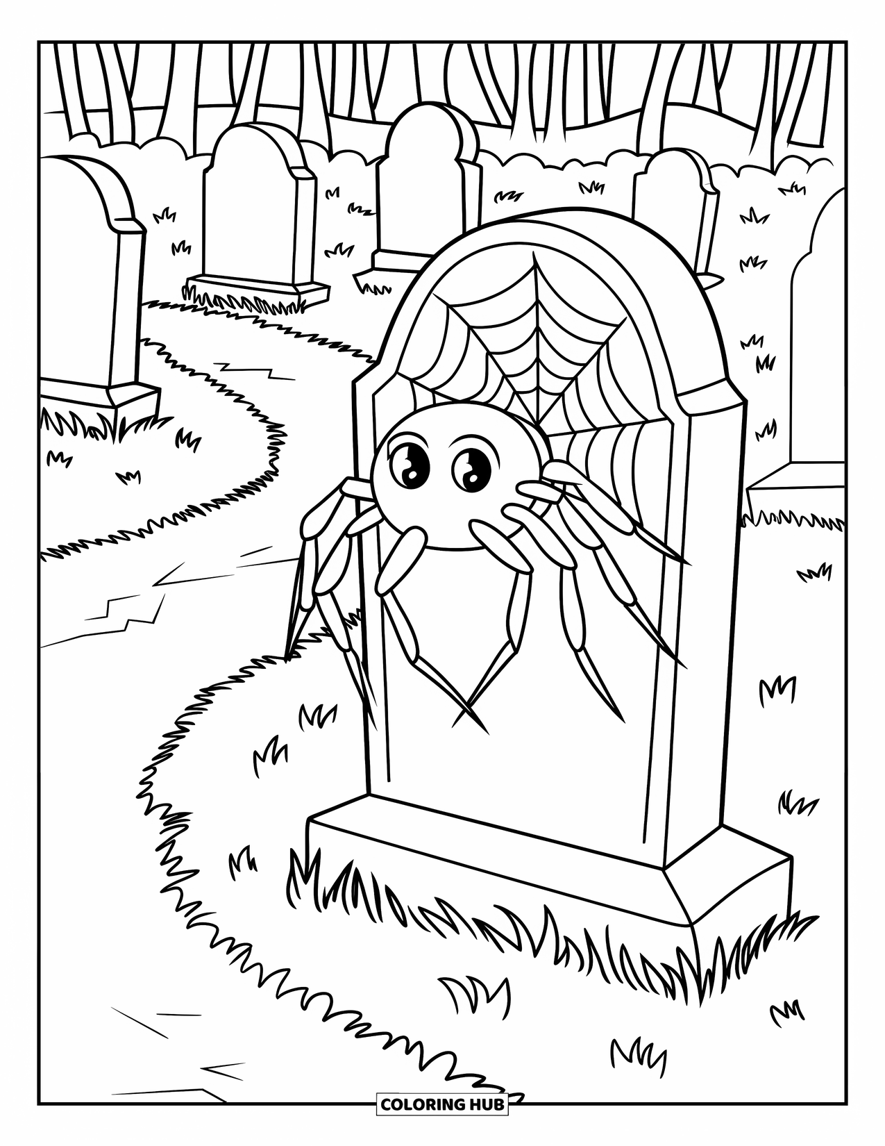 Halloween Spider Coloring Page for Kids: A spider peeks from behind a gravestone with trees in the background