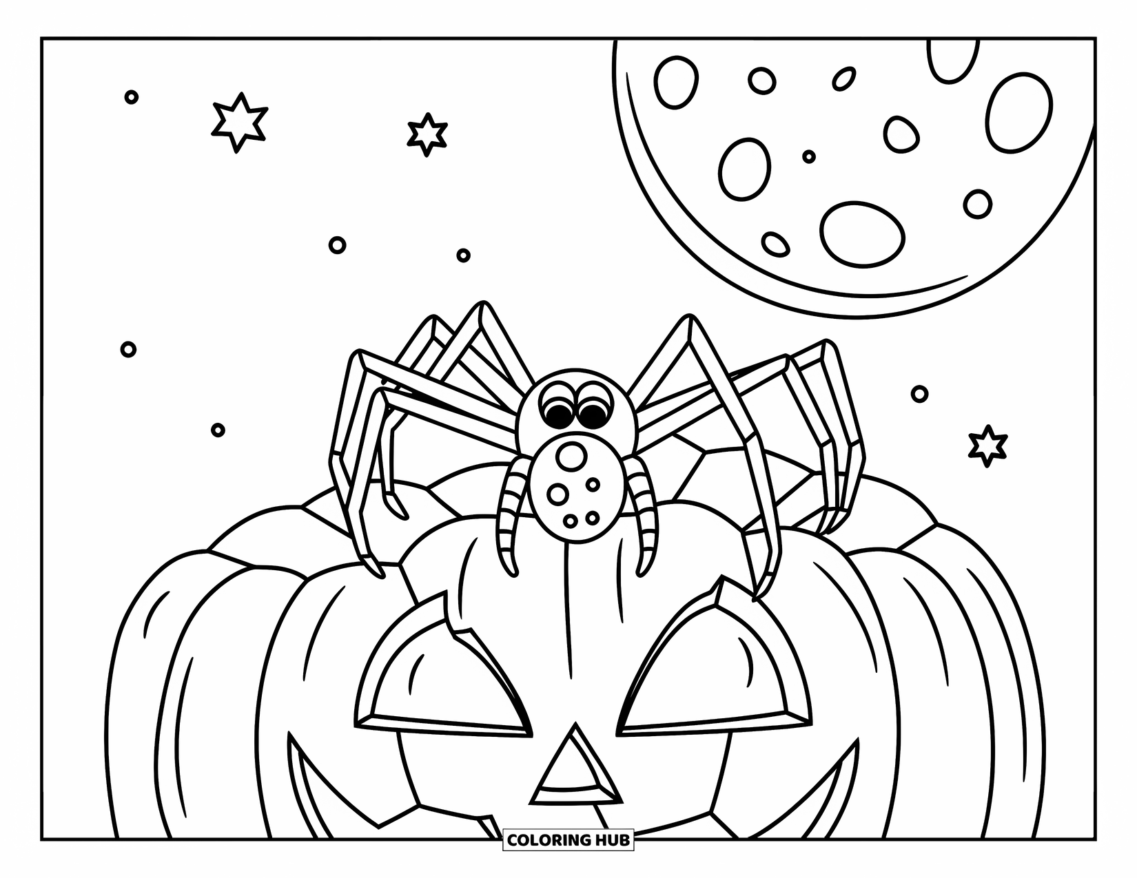 Halloween Spider Coloring Page for Kids: A spider perches on a cracked pumpkin with stars and a full moon above