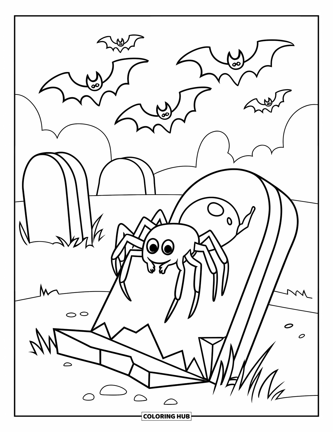 Halloween Spider Coloring Page for Kids: A spider perches on a gravestone in a quiet cemetery