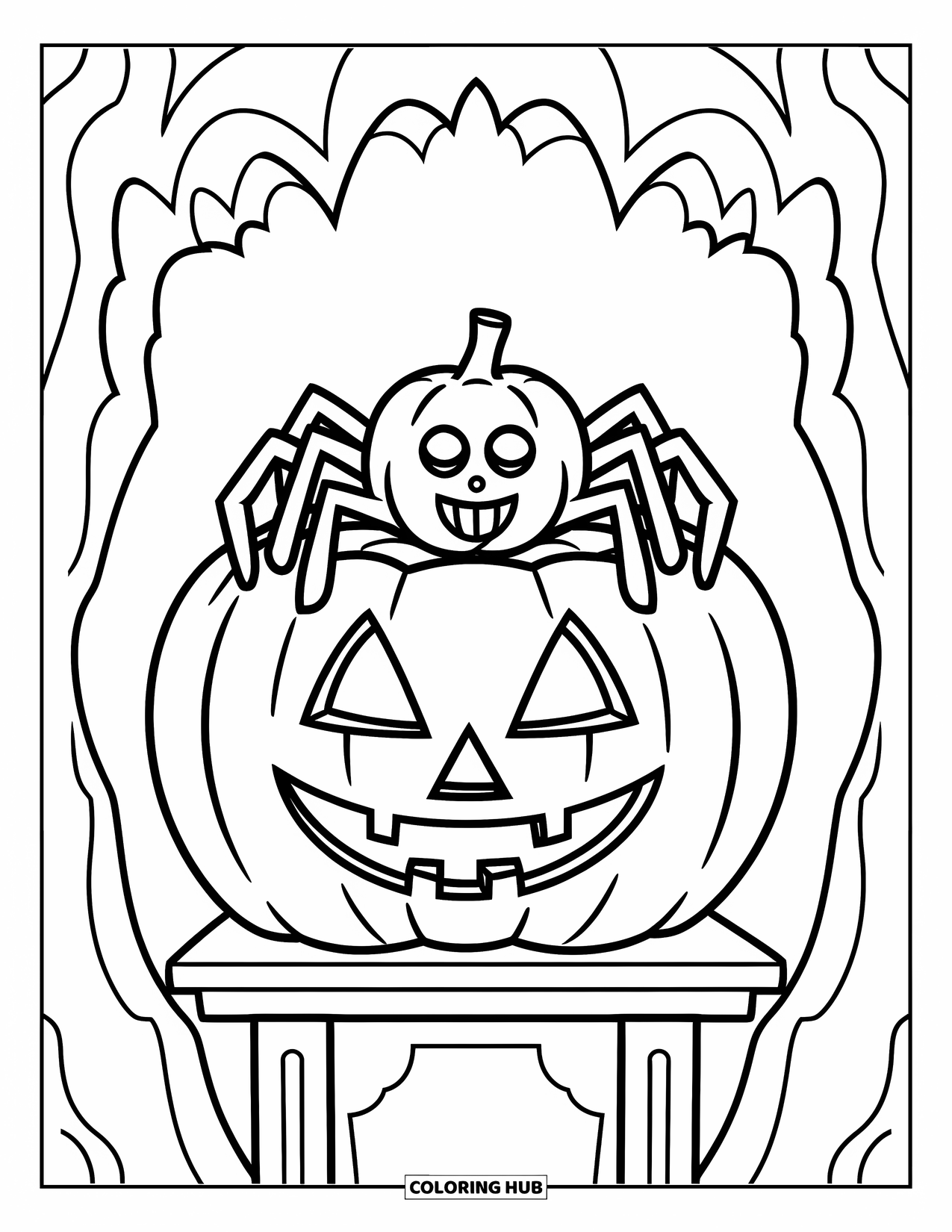 Halloween Spider Coloring Page for Kids: A spider perches on a smiling pumpkin with a web nearby