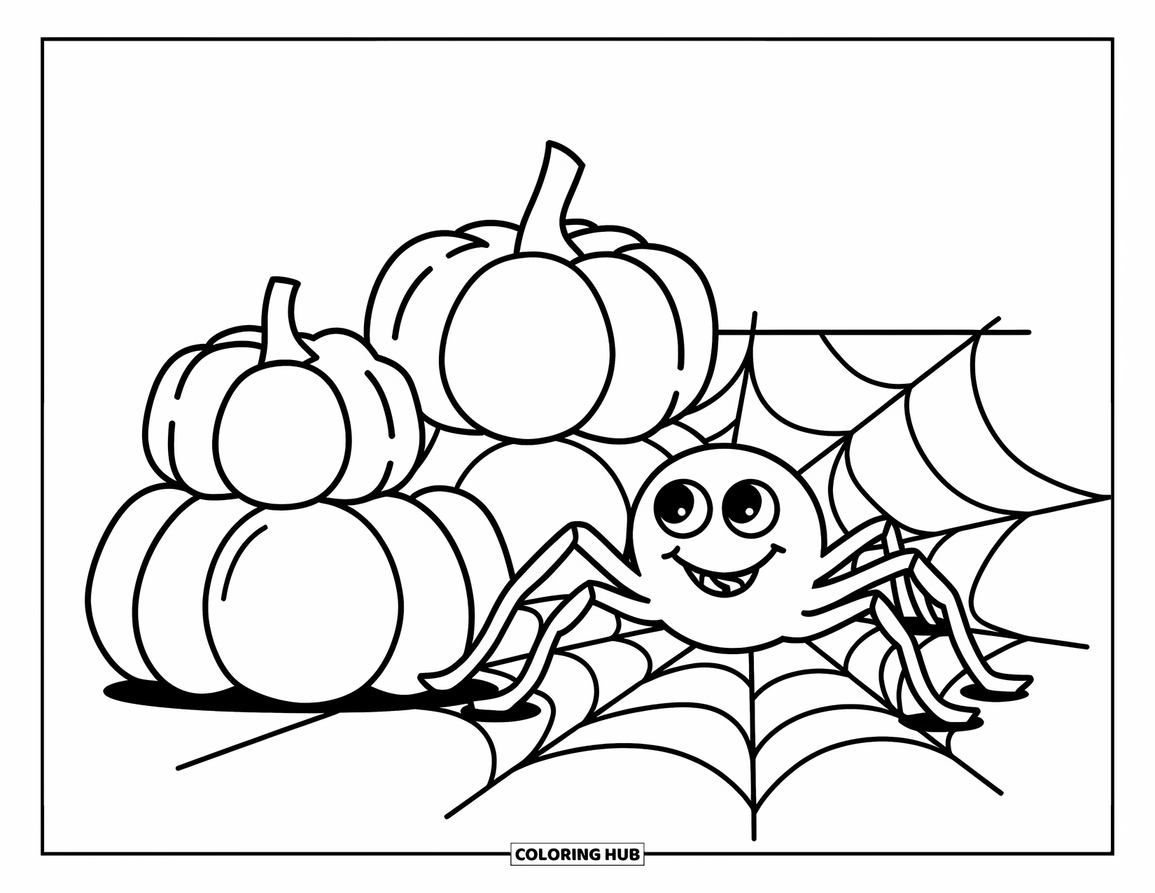 Halloween Spider Coloring Page for Kids: A spider plays near stacked pumpkins on the ground