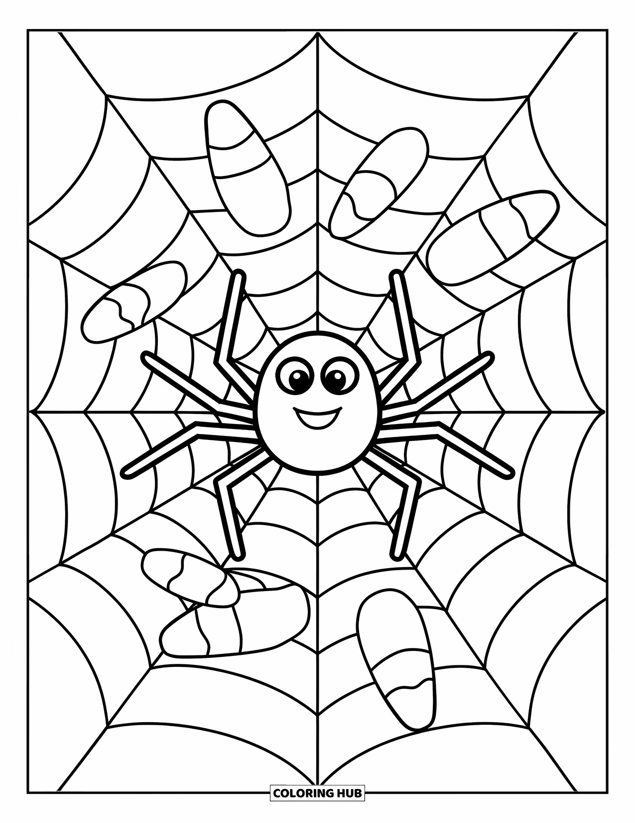 Halloween Spider Coloring Page for Kids: A spider rests in a candy-filled web with room to color around