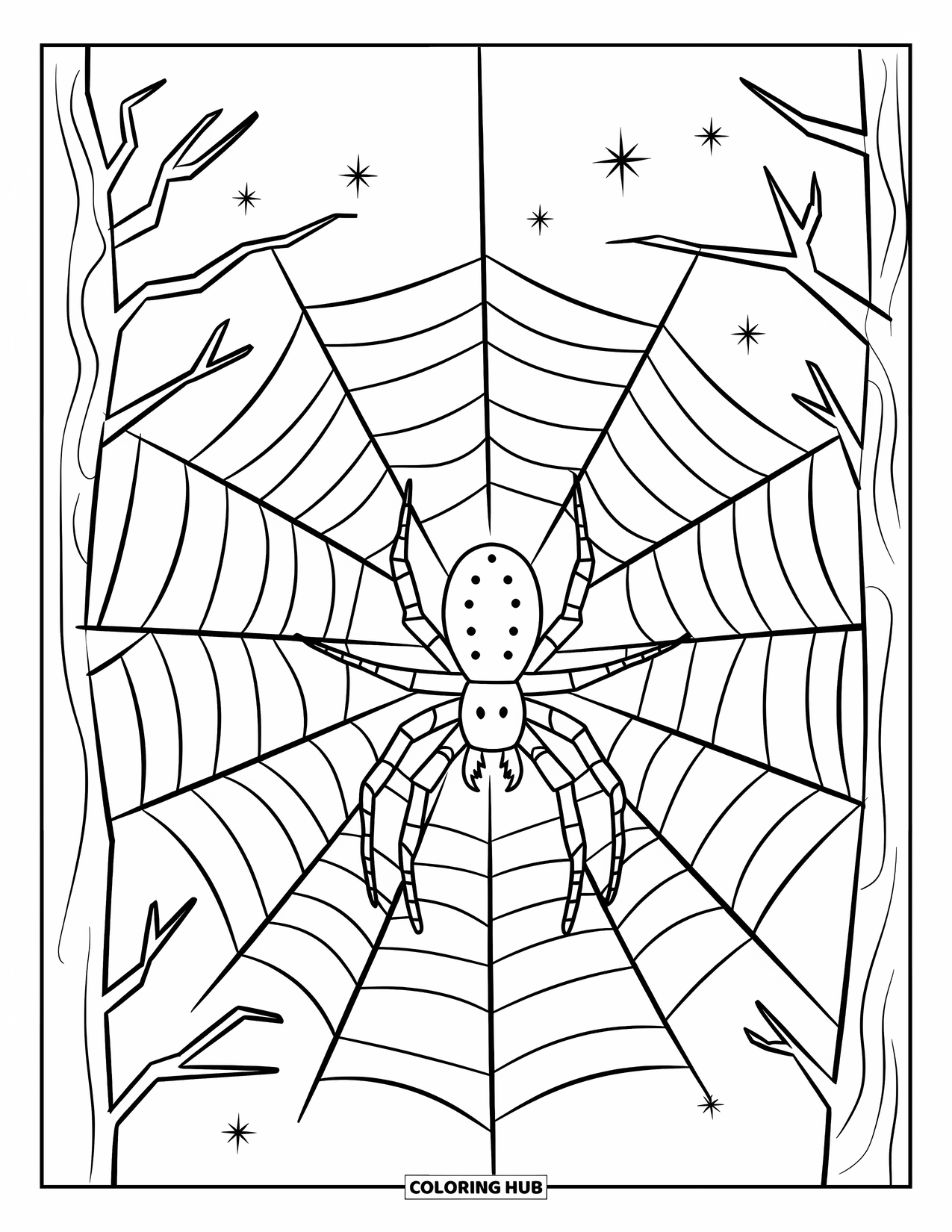 Halloween Spider Coloring Page for Kids: A spider rests in a circular web stretched between spooky trees