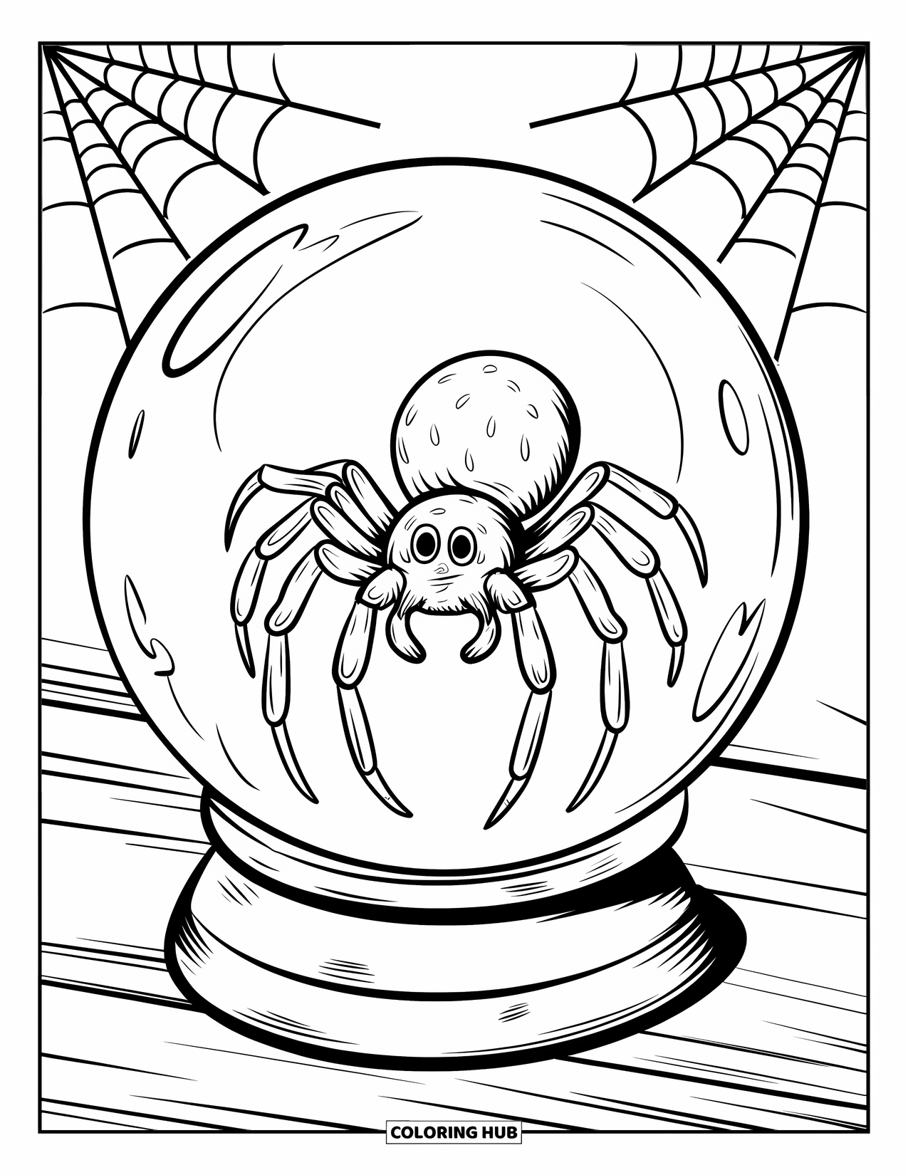 Halloween Spider Coloring Page for Kids: A spider rests in a cobwebbed crystal ball on a wooden stick