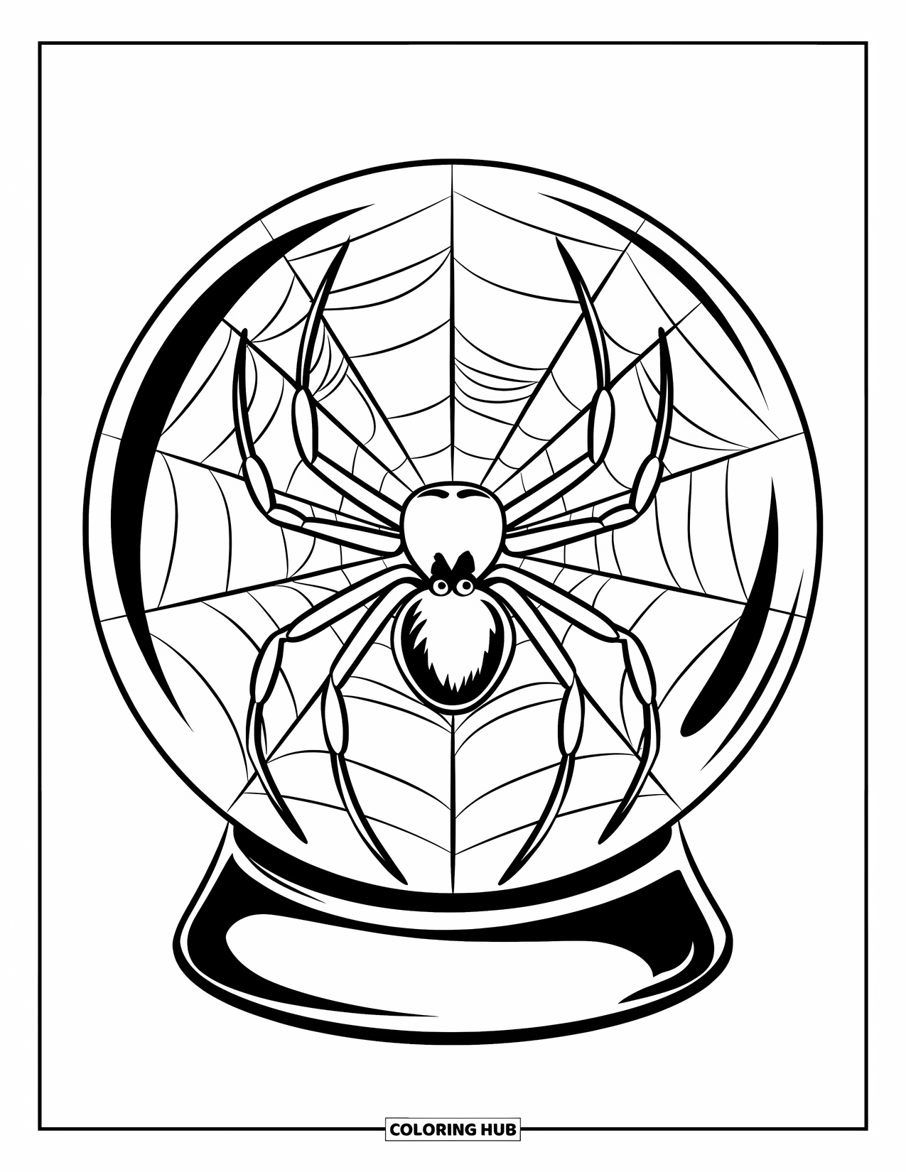 Halloween Spider Coloring Page for Kids: A spider rests in a crystal ball with tiny cobwebs inside