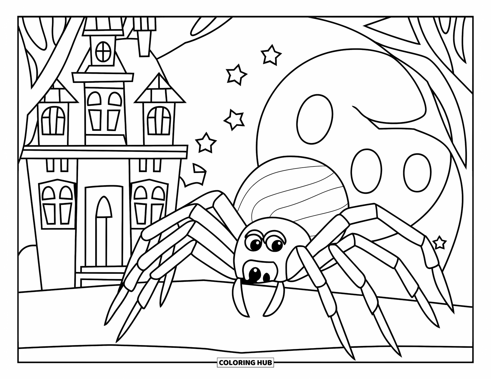 Halloween Spider Coloring Page for Kids: A spider rests near a house under a glowing full moon
