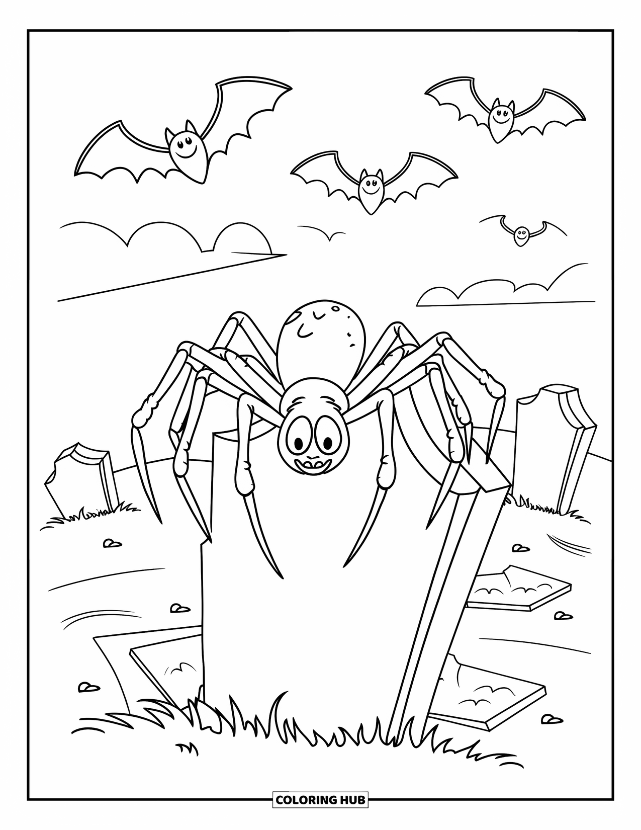 Halloween Spider Coloring Page for Kids: A spider rests on a gravestone while bats fly above